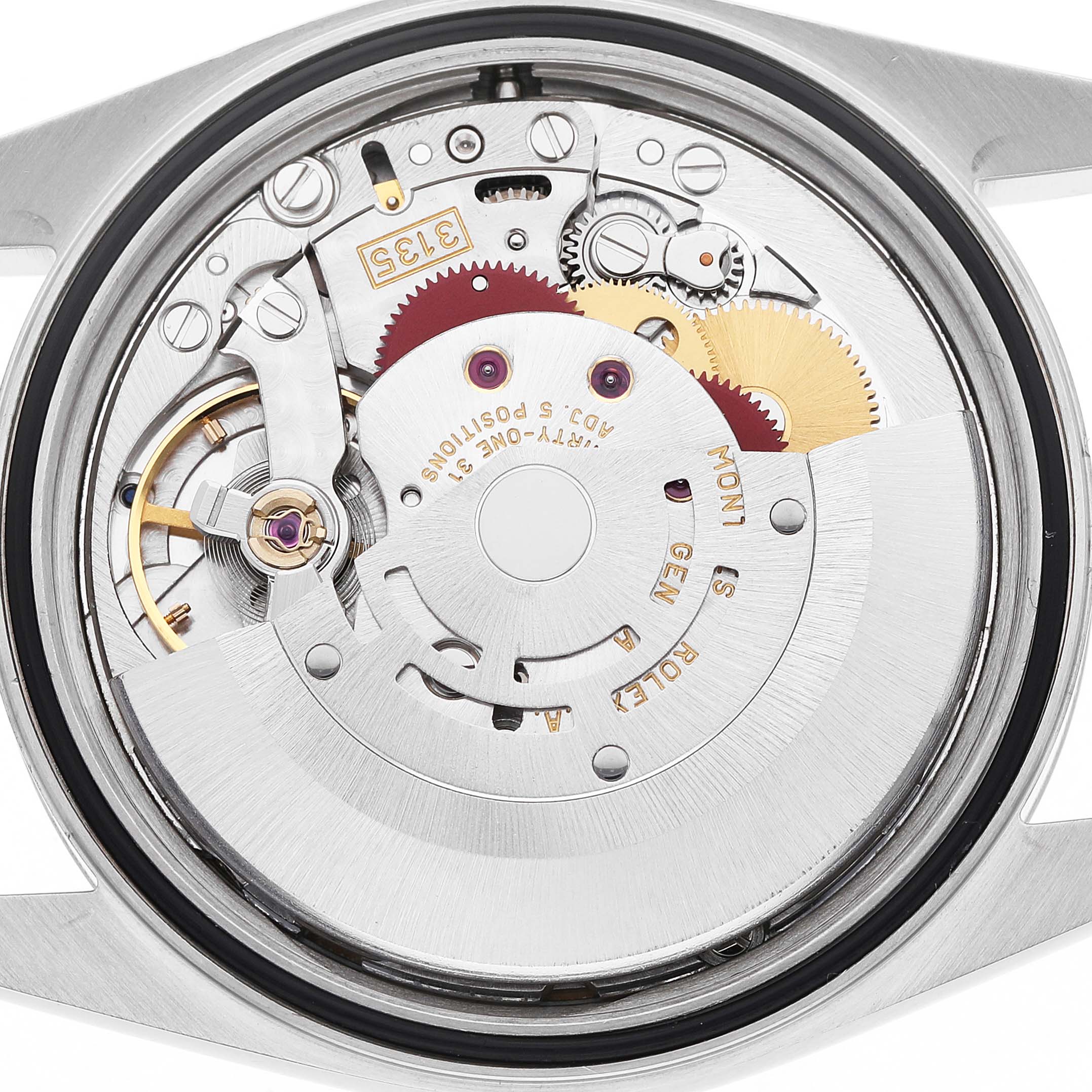 This image shows the back view of a Rolex Datejust 16234 Men's Stainless Steel Silver Dial, focusing on its intricate movement and mechanisms.