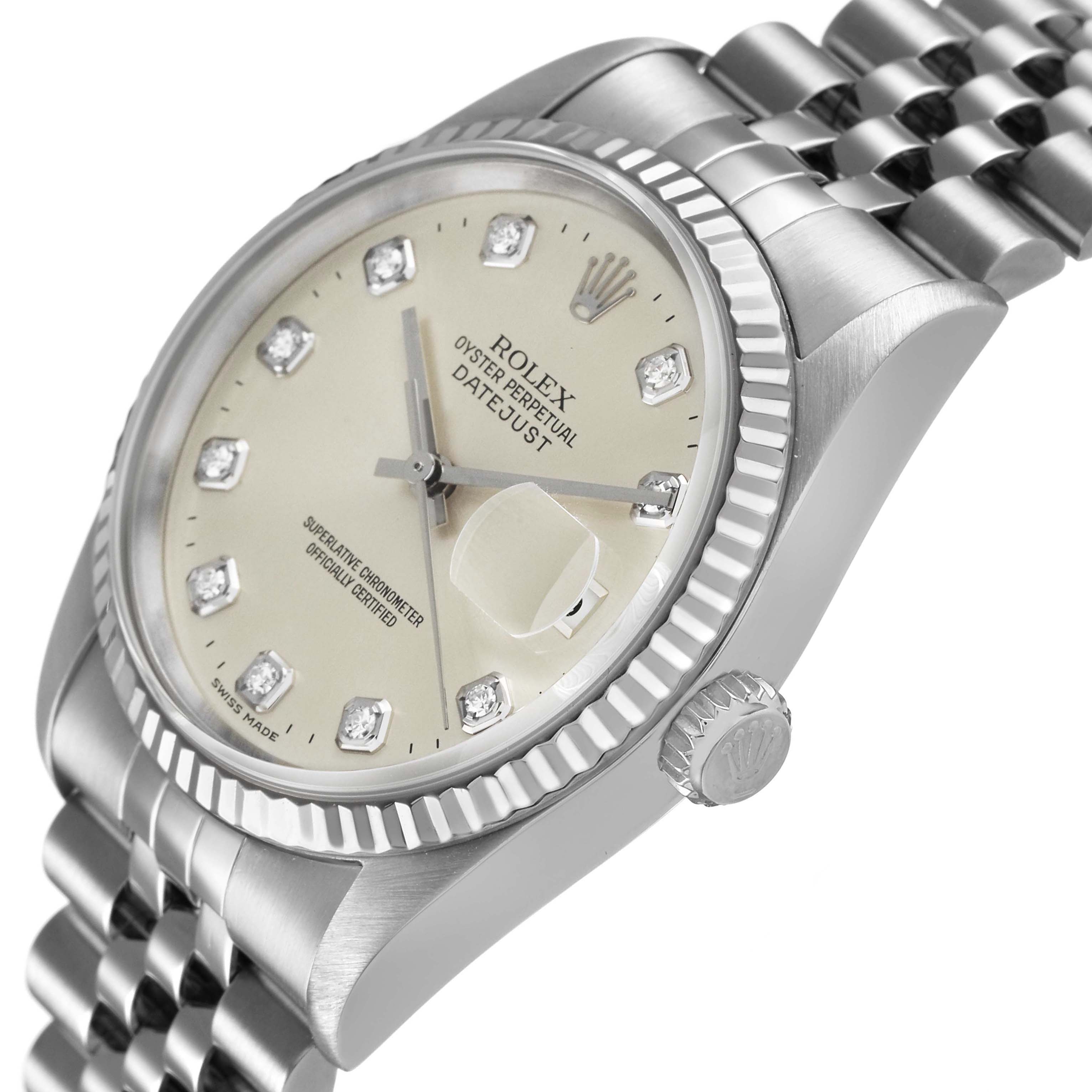 The Rolex Datejust 16234 Men's Stainless Steel Silver Dial is shown at an angled side view, highlighting the dial, bezel, crown, and bracelet.