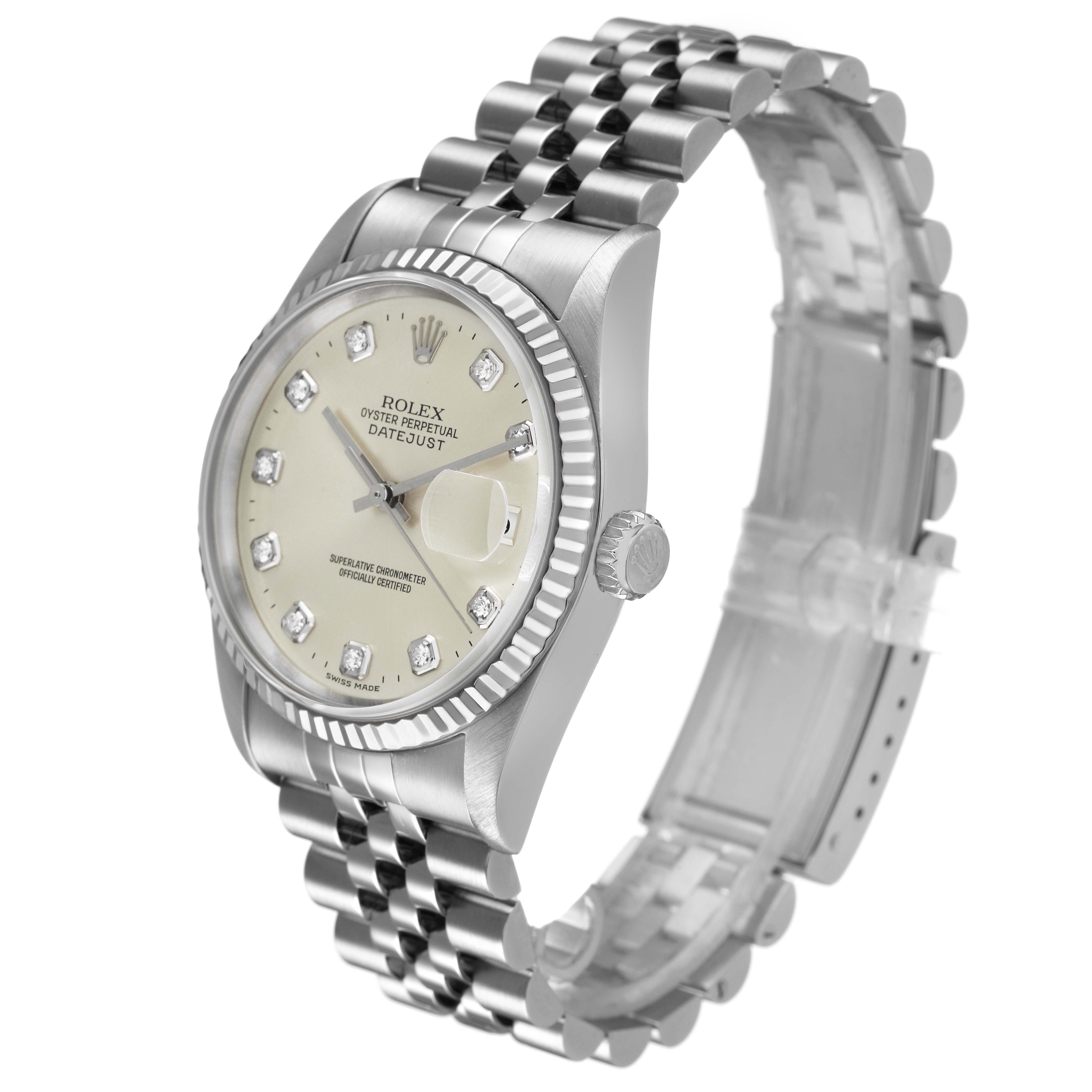 The Rolex Datejust 16234 Men's Stainless Steel Silver Dial watch is shown at a three-quarter angle, displaying the dial, bezel, bracelet, and crown.
