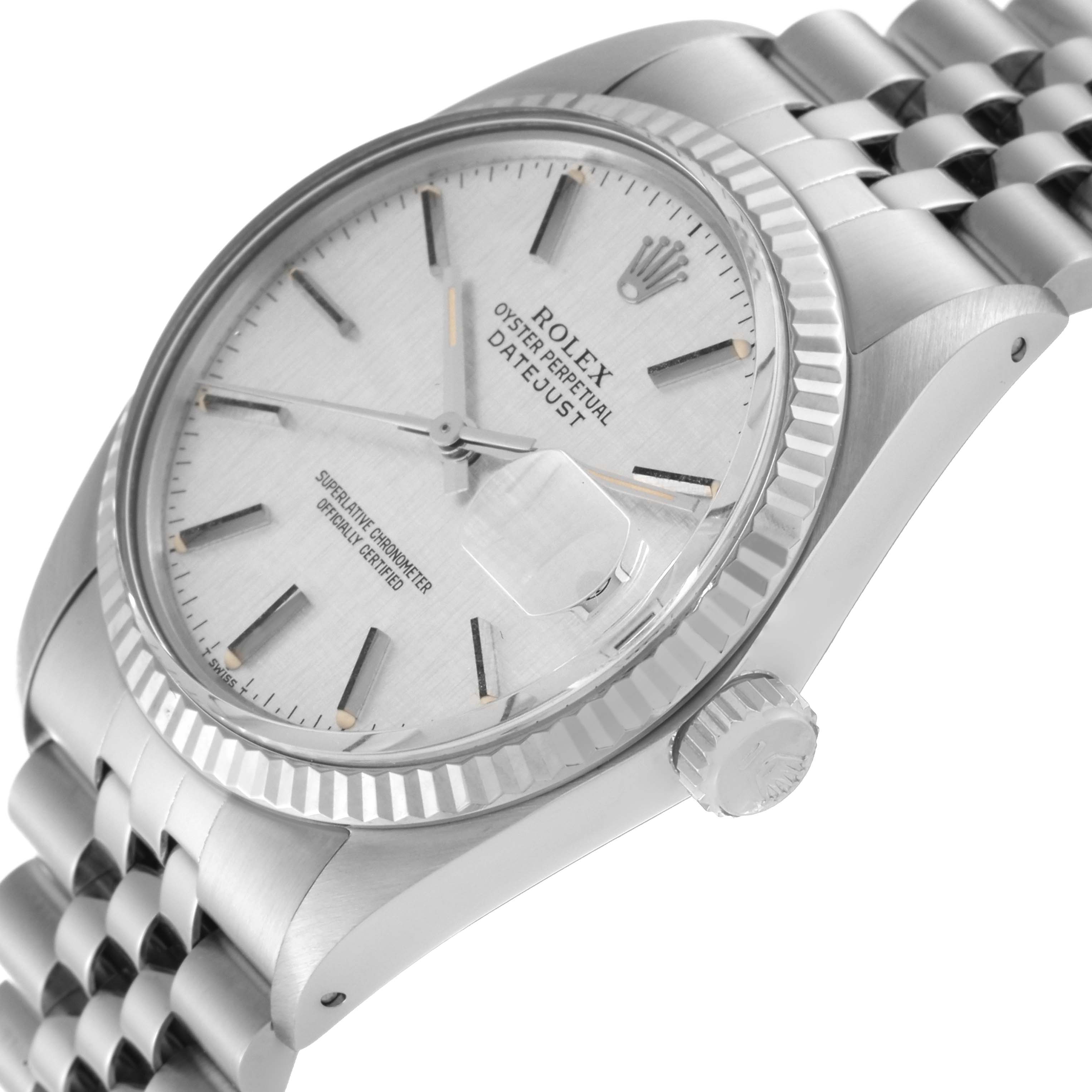 The image shows a Rolex Vintage Collection 16014 Men's Stainless Steel Silver Dial 16014 Men's Stainless Steel Silver Dial Oyster Perpetual Datejust watch from an angled close-up, highlighting the dial, bezel, crown, and part of the bracelet.