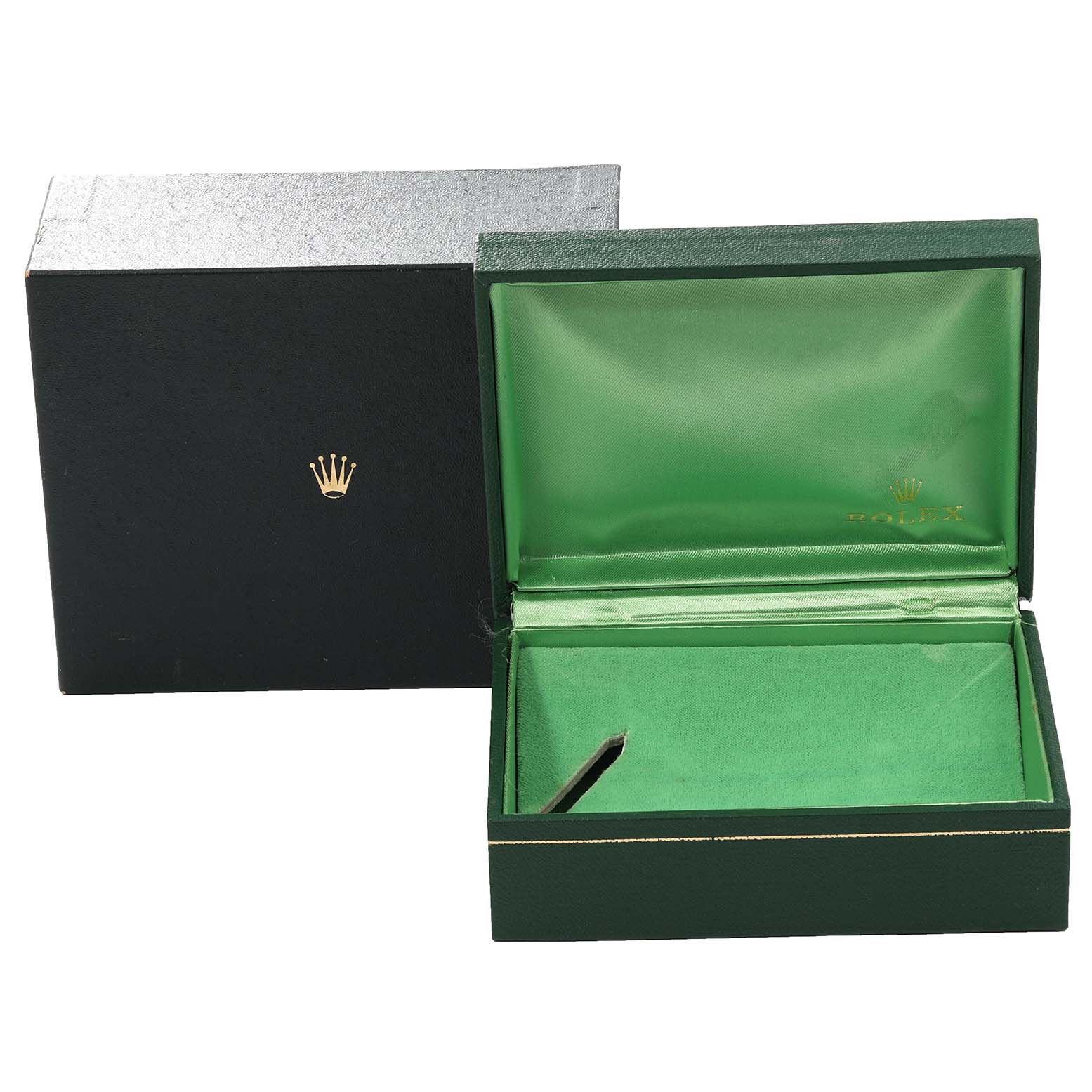 The image shows an open Rolex watch box for the Vintage Collection model, revealing the green padded interior.