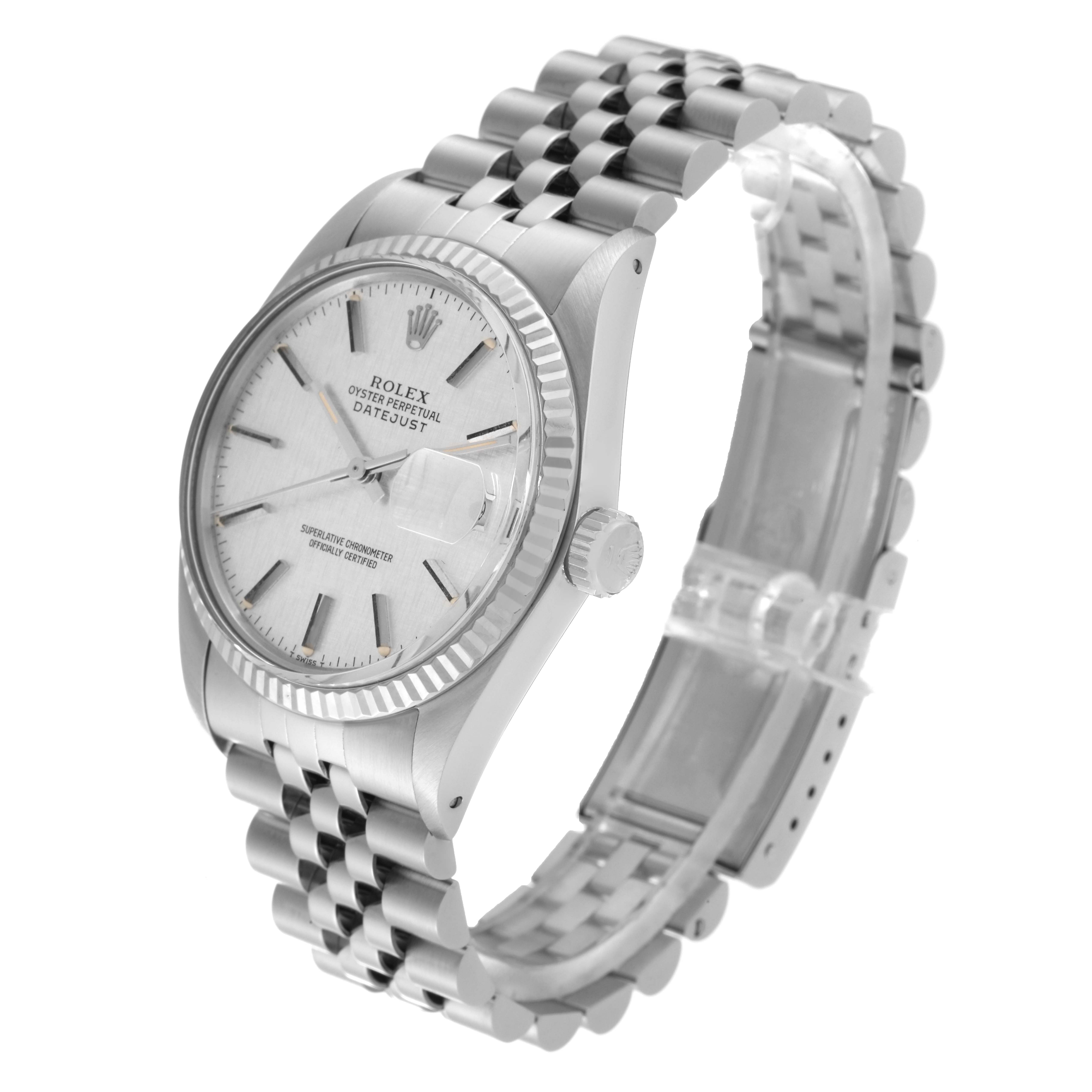 This image showcases a Rolex Vintage Collection 16014 Men's Stainless Steel Silver Dial 16014 Men's Stainless Steel Silver Dial model, viewed from a slightly angled side, highlighting the face, bezel, bracelet, and crown.