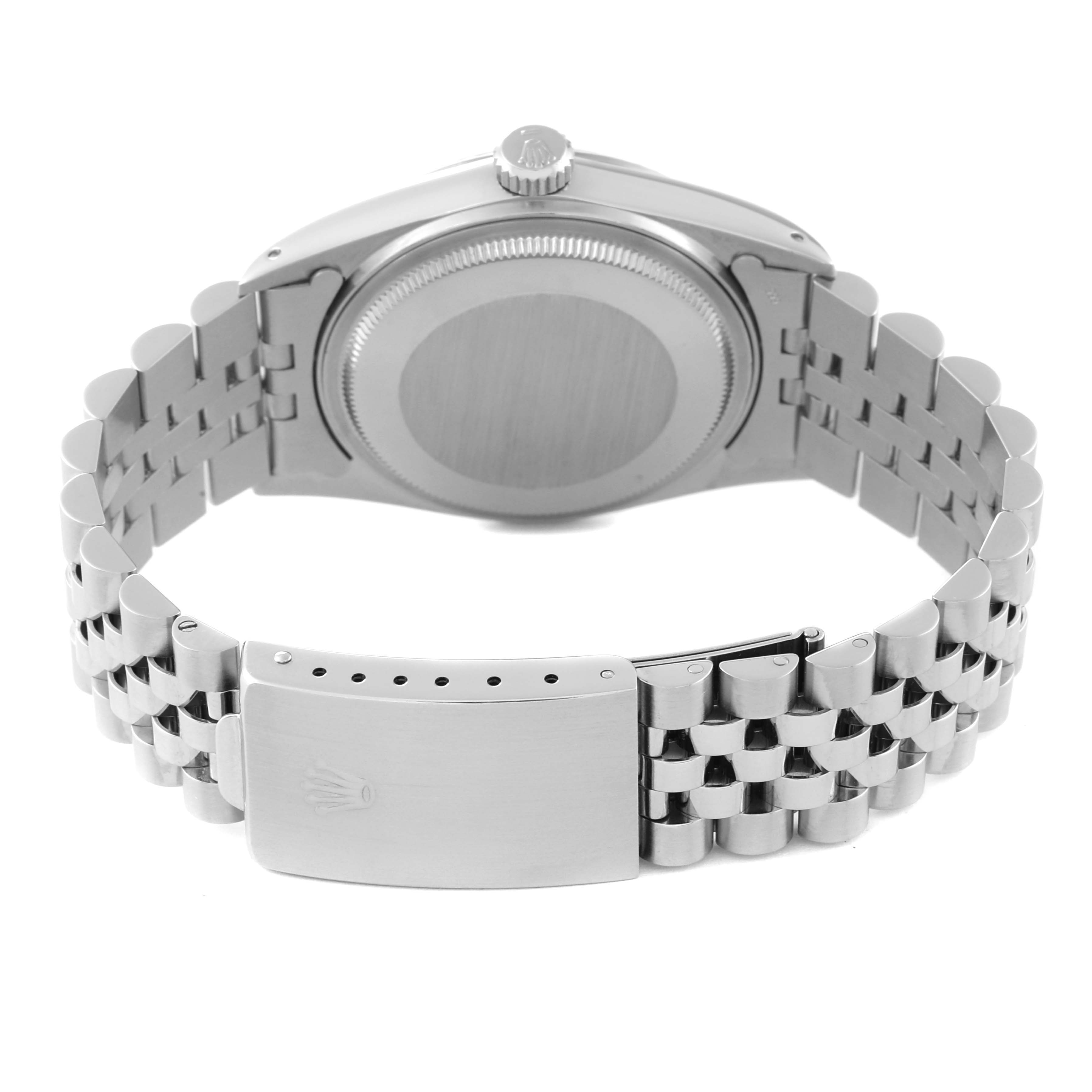 This image shows the back view of a Rolex Vintage Collection 16014 Men's Stainless Steel Silver Dial 16014 Men's Stainless Steel Silver Dial watch, highlighting its case back, crown, and bracelet with clasp.