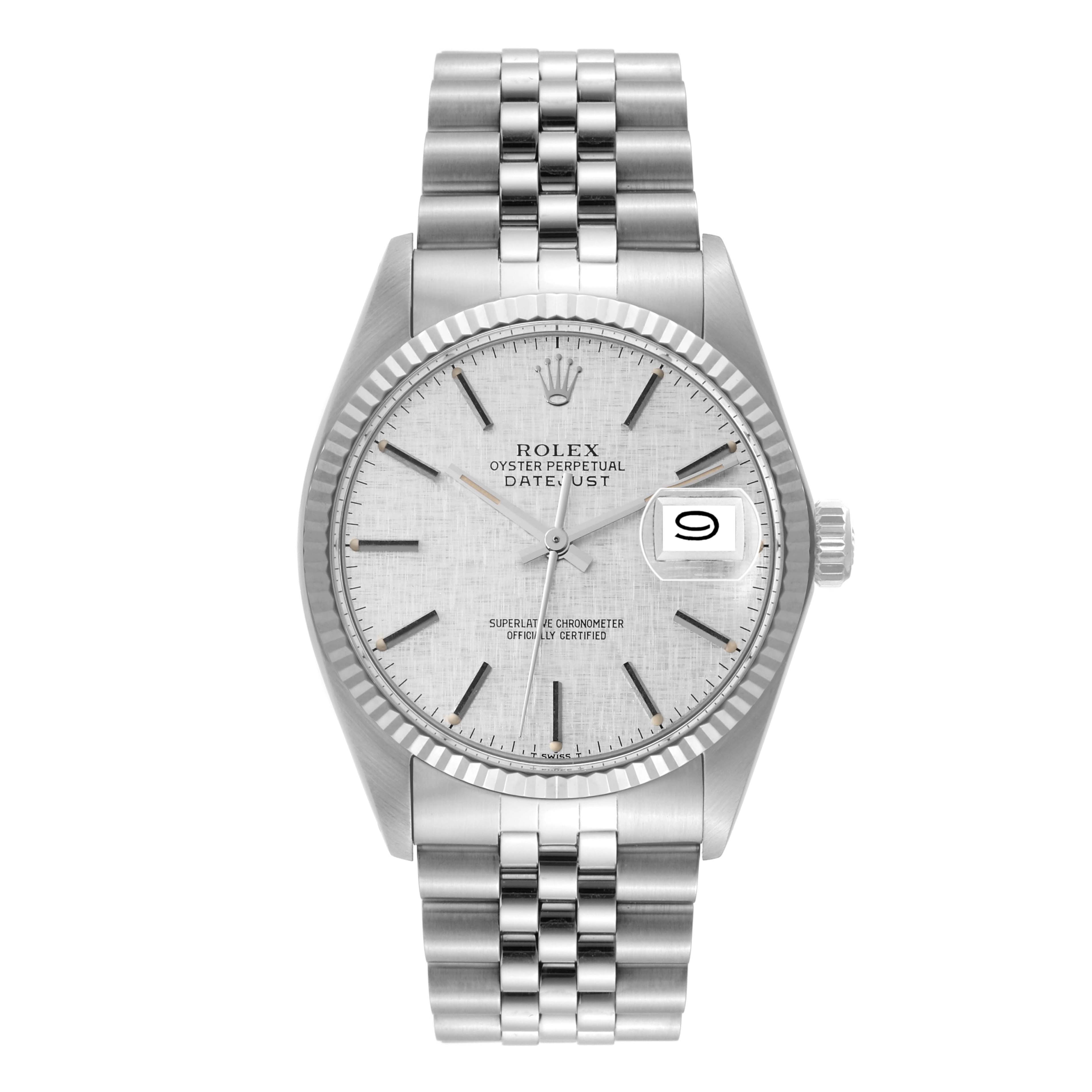 This is a head-on view of a Rolex Vintage Collection 16014 Men's Stainless Steel Silver Dial 16014 Men's Stainless Steel Silver Dial watch, showcasing the dial, fluted bezel, and bracelet.
