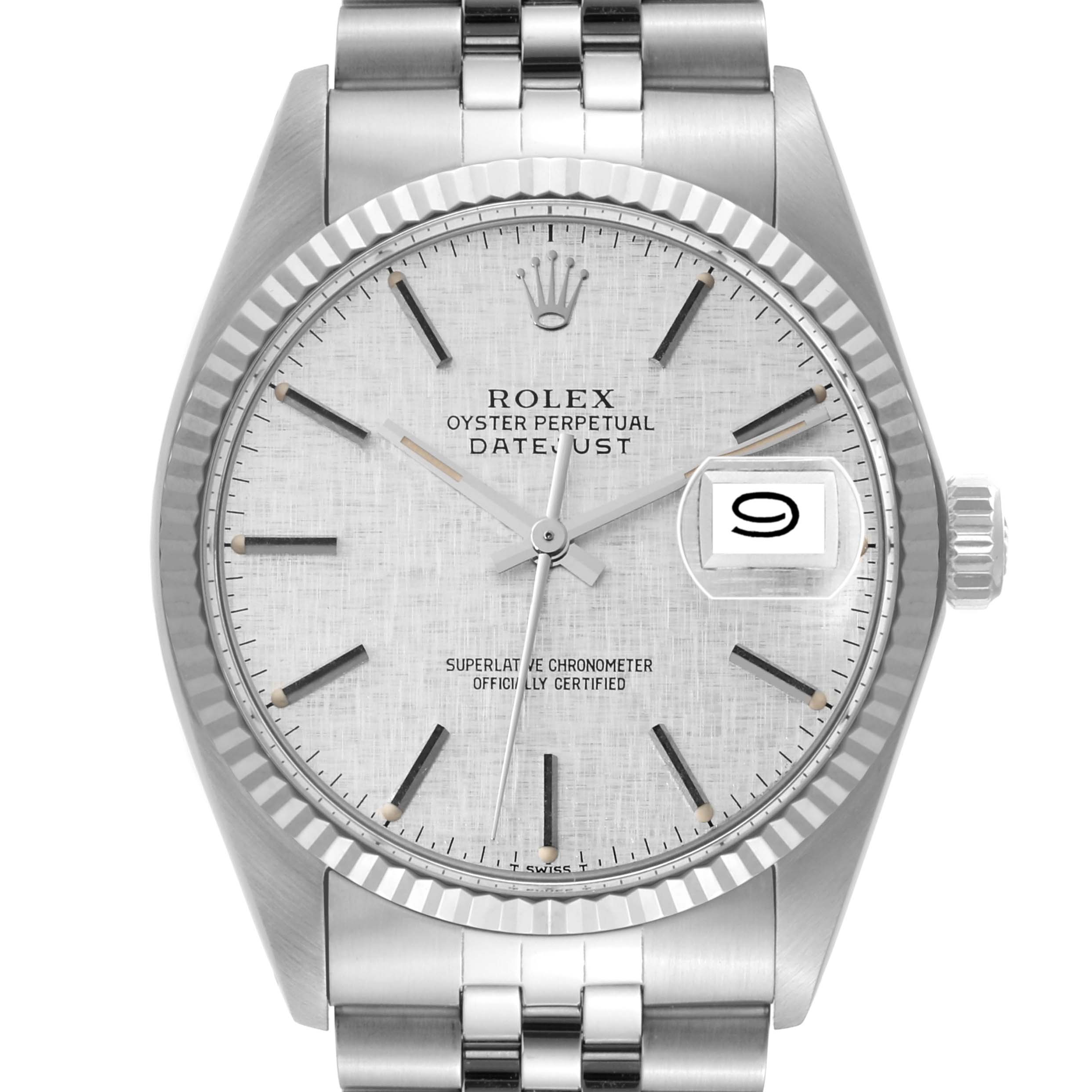 The image shows a front view of the dial and bezel of a Rolex Vintage Collection 16014 Men's Stainless Steel Silver Dial 16014 Men's Stainless Steel Silver Dial Oyster Perpetual Datejust watch.