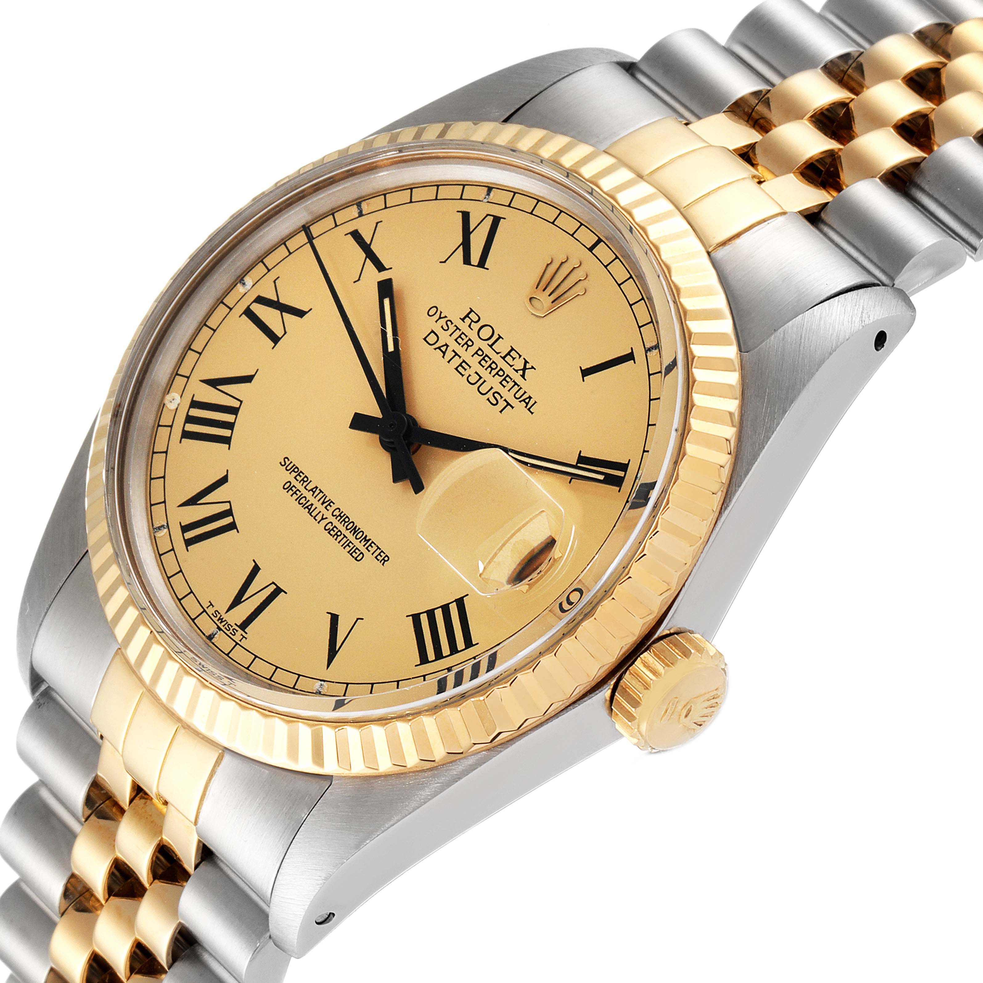 The Rolex Vintage Collection 16013 Men's Steel and Gold (two tone) Champagne Dial 16013 Men's Steel and Gold (two tone) Champagne Dial model watch is shown from an angled side view, displaying the face, dial, crown, and part of the bracelet.