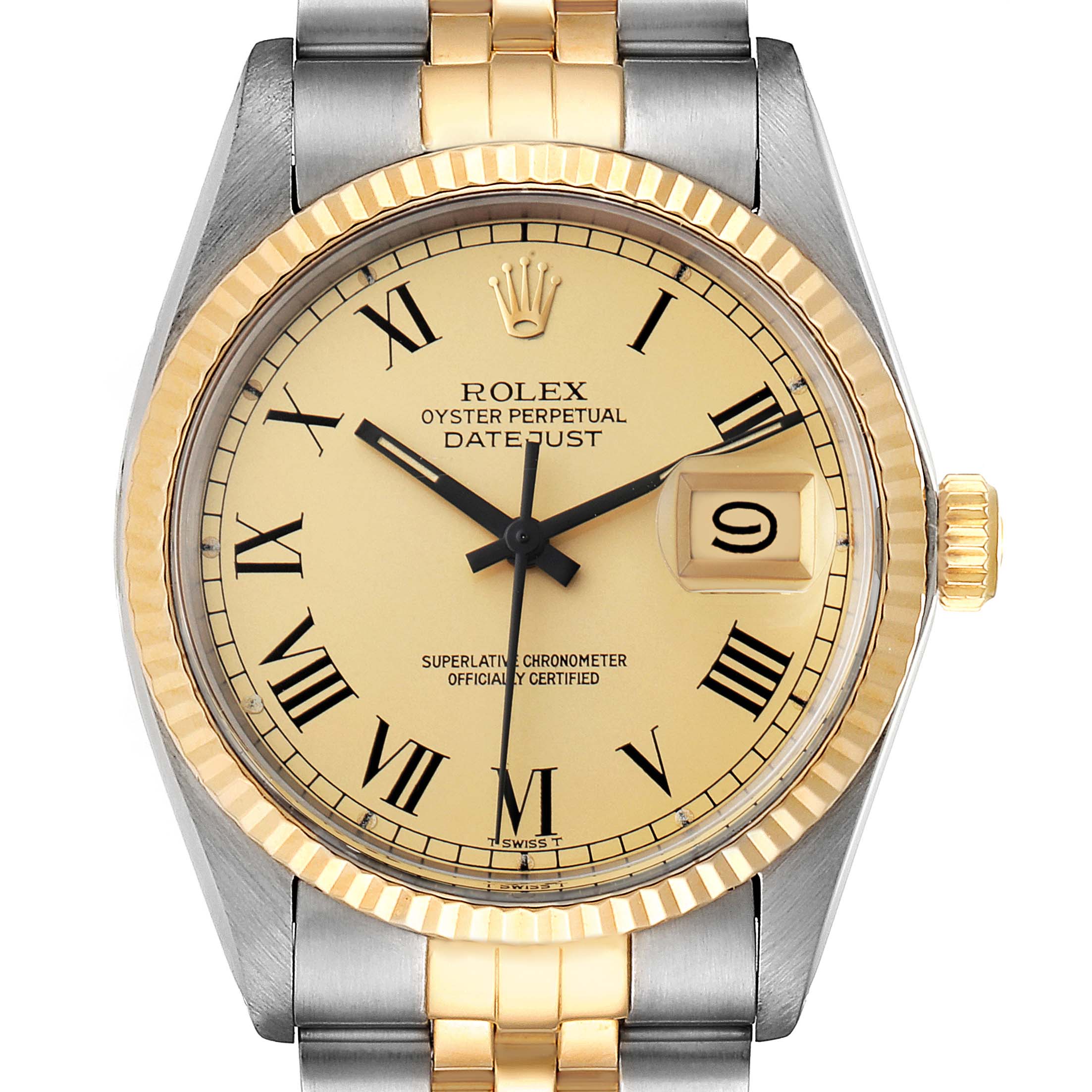 This is a front view of the Rolex Vintage Collection 16013 Men's Steel and Gold (two tone) Champagne Dial 16013 Men's Steel and Gold (two tone) Champagne Dial Oyster Perpetual Datejust watch, showing the dial, bezel, and bracelet.