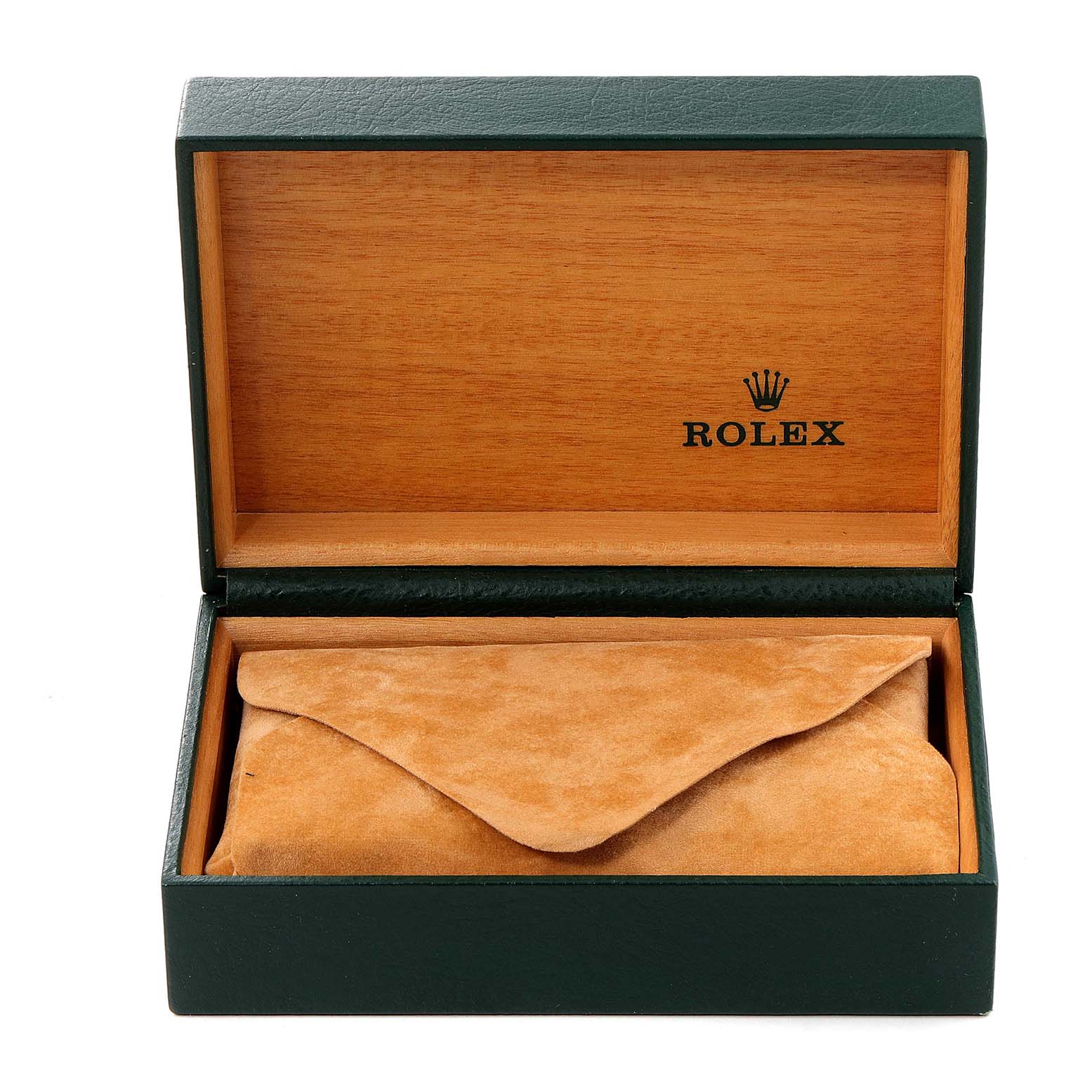 The image shows an open Rolex Vintage Collection 16013 Men's Steel and Gold (two tone) Champagne Dial 16013 Men's Steel and Gold (two tone) Champagne Dial watch box with a suede pouch inside.