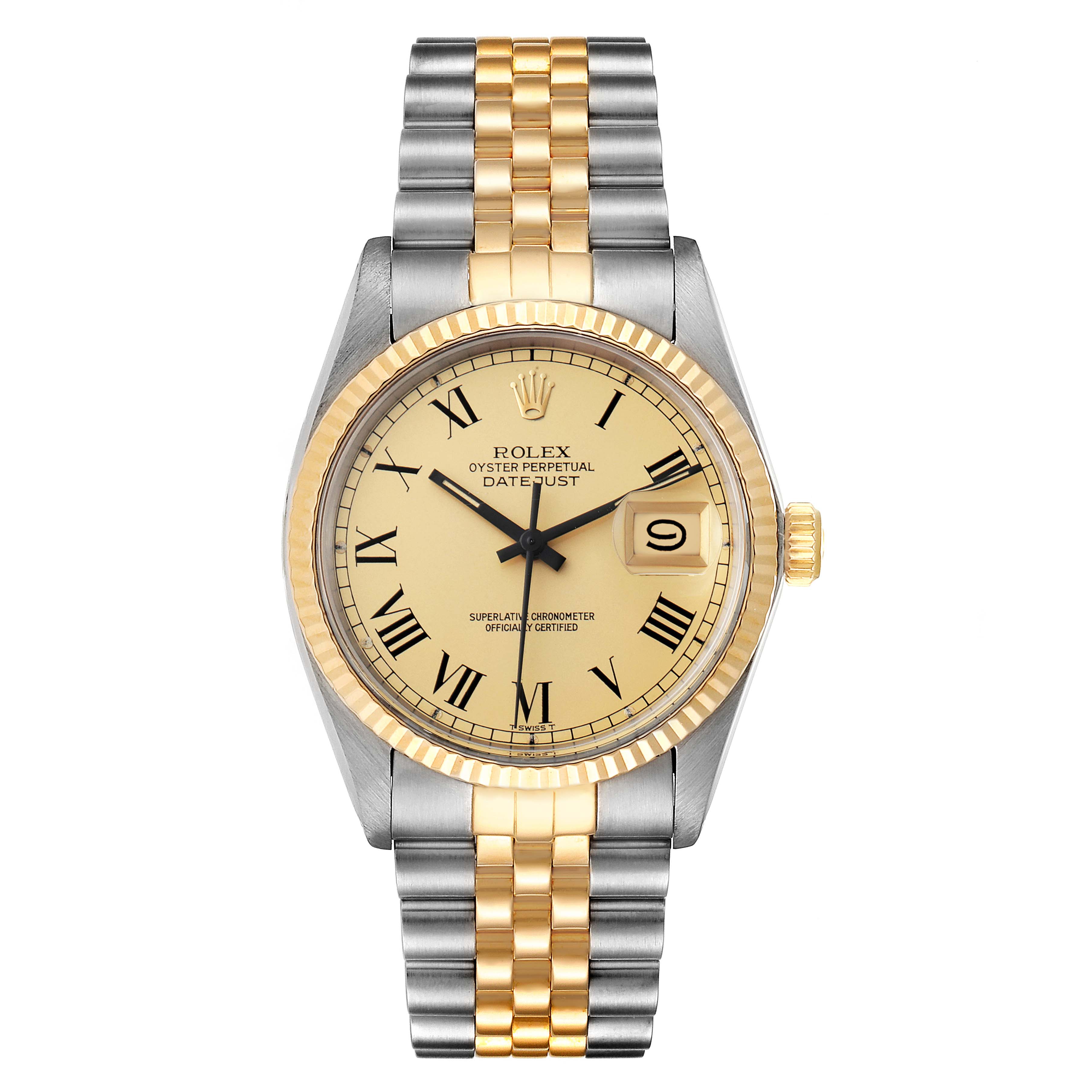 This image shows a front view of a Rolex Vintage Collection 16013 Men's Steel and Gold (two tone) Champagne Dial 16013 Men's Steel and Gold (two tone) Champagne Dial Datejust watch, featuring a gold and silver bracelet and Roman numeral dial.