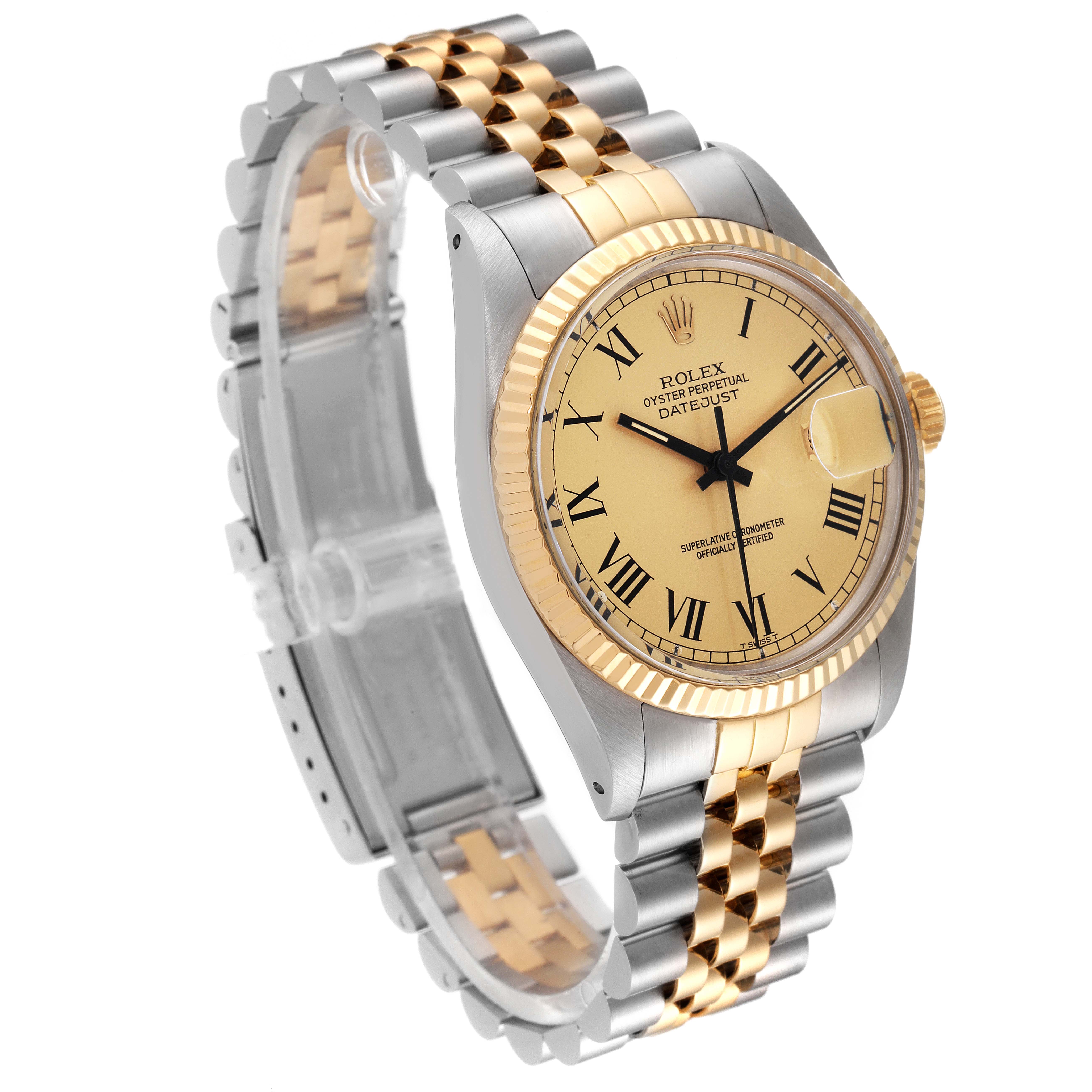 The Rolex Vintage Collection 16013 Men's Steel and Gold (two tone) Champagne Dial 16013 Men's Steel and Gold (two tone) Champagne Dial watch is shown from an angled side view, highlighting its bezel, face, and bracelet.