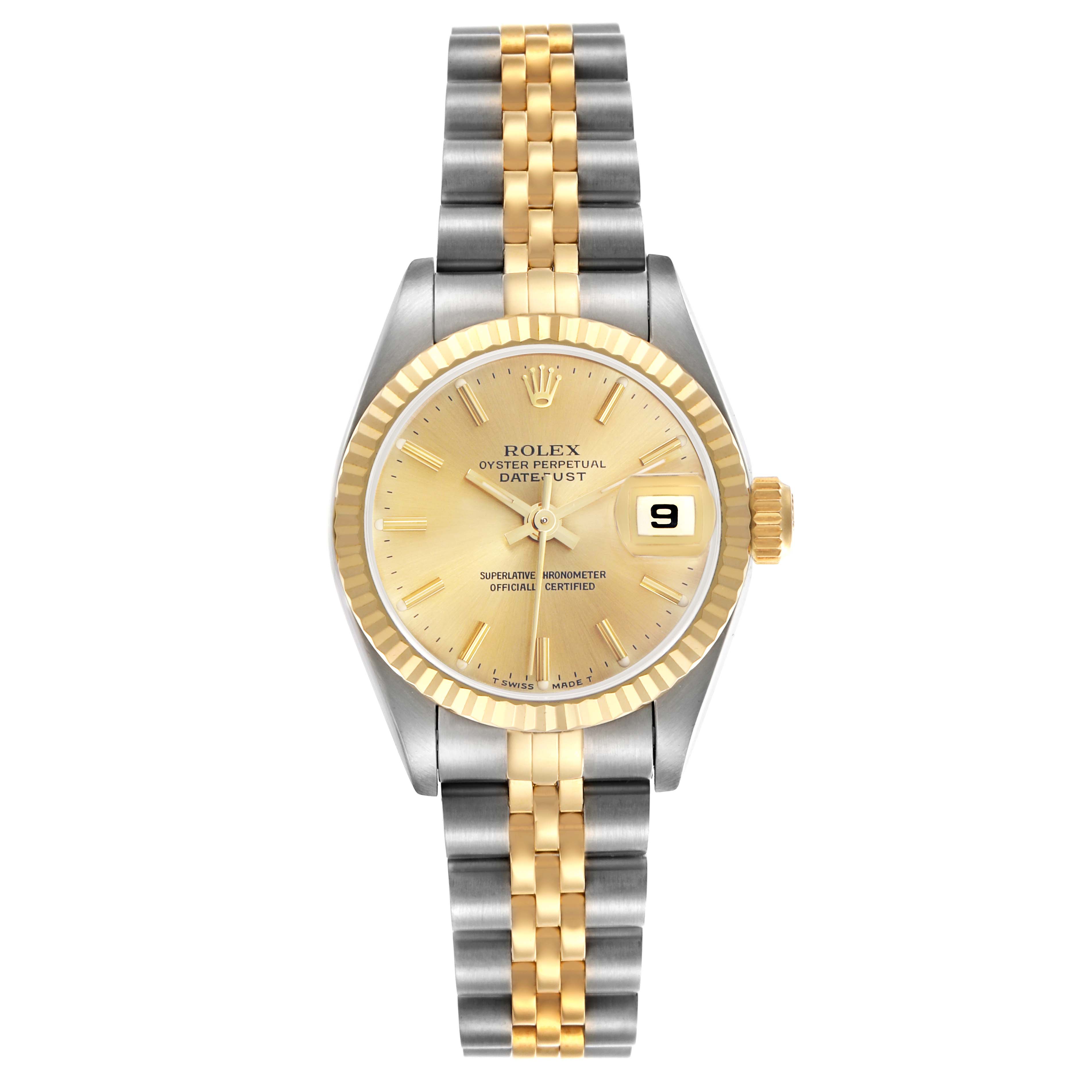 The Rolex Datejust 69173 Women's Steel and Gold (two tone) Champagne Dial 69173 Women's Steel and Gold (two tone) Champagne Dial watch is shown from a straight-on angle, highlighting its gold dial, bezel, and two-tone bracelet.