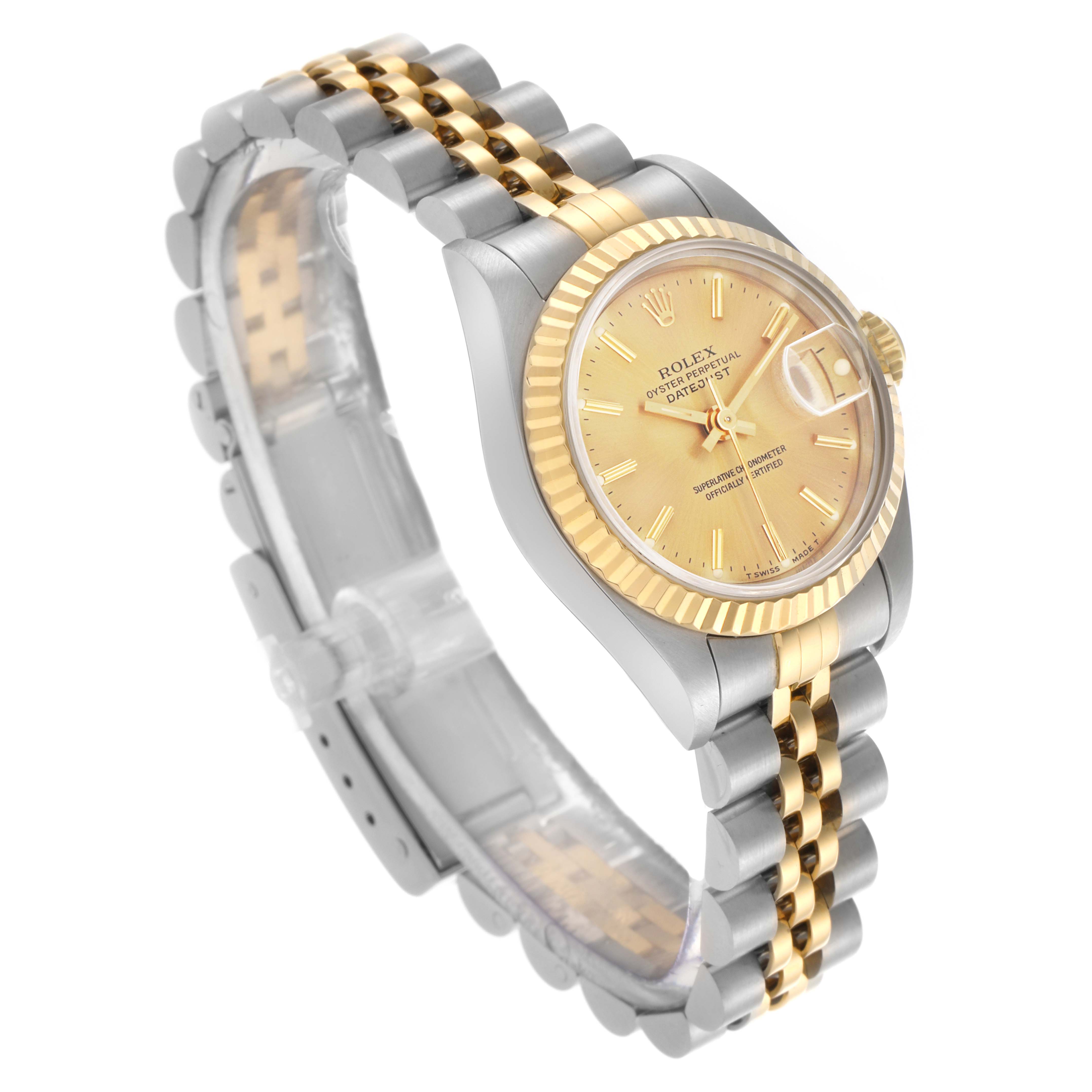 The Rolex Datejust 69173 Women's Steel and Gold (two tone) Champagne Dial 69173 Women's Steel and Gold (two tone) Champagne Dial watch is shown at an angled side view, displaying the gold bezel, dial, and two-tone bracelet.