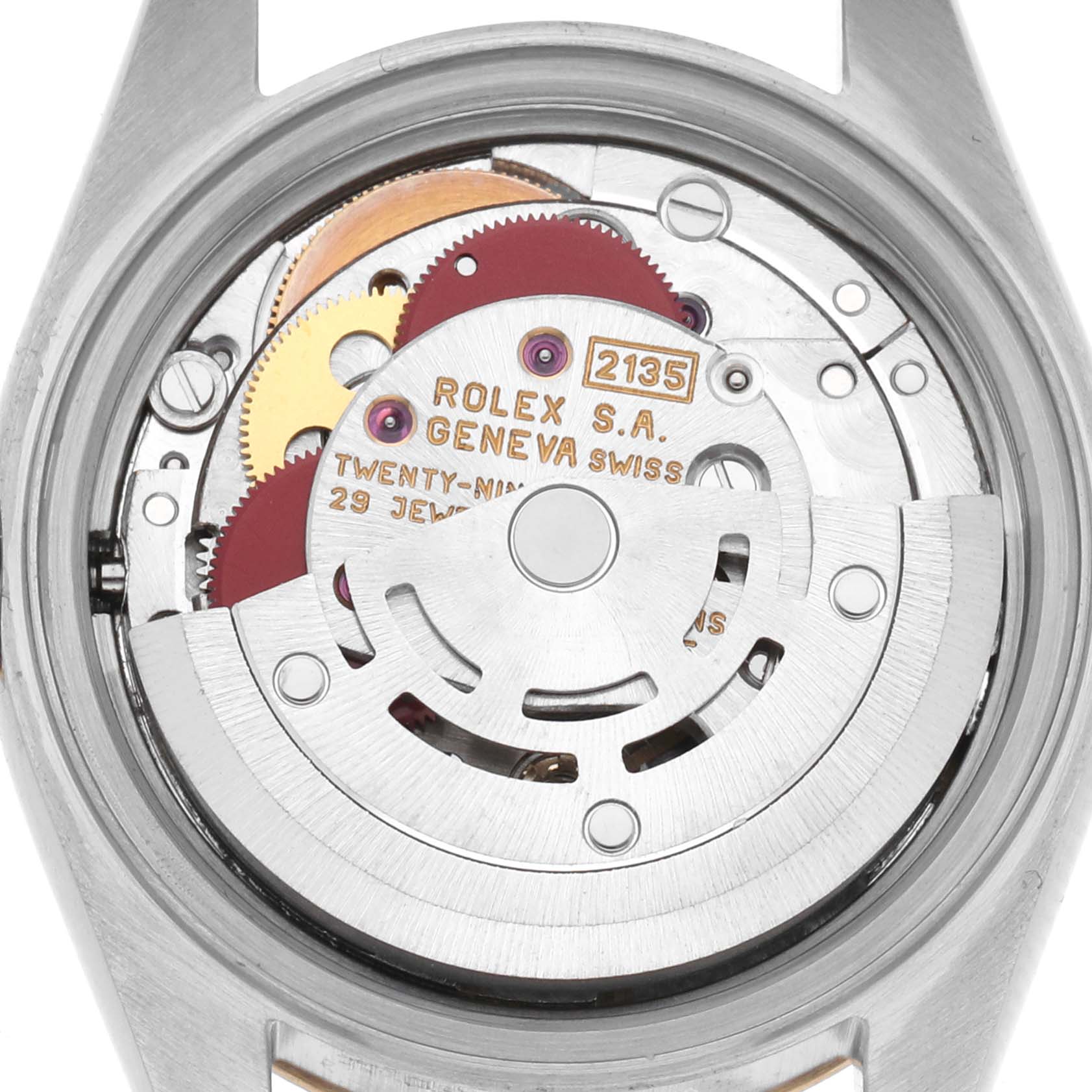 The image shows the back view of a Rolex Datejust 69173 Women's Steel and Gold (two tone) Champagne Dial 69173 Women's Steel and Gold (two tone) Champagne Dial, displaying its intricate movement and rotor.