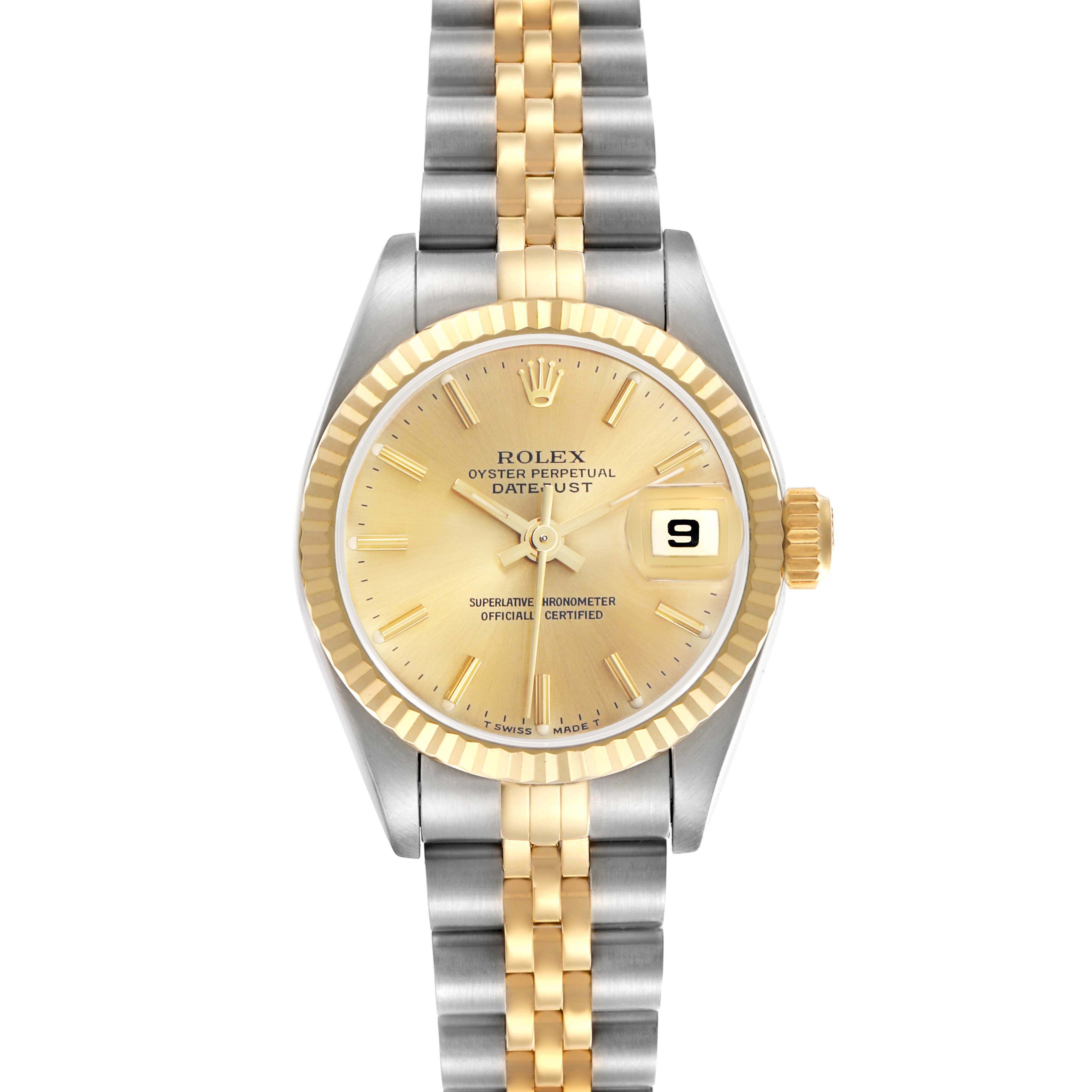 The Rolex Datejust 69173 Women's Steel and Gold (two tone) Champagne Dial 69173 Women's Steel and Gold (two tone) Champagne Dial watch is shown from a top view, displaying the face, gold bezel, and two-tone bracelet.