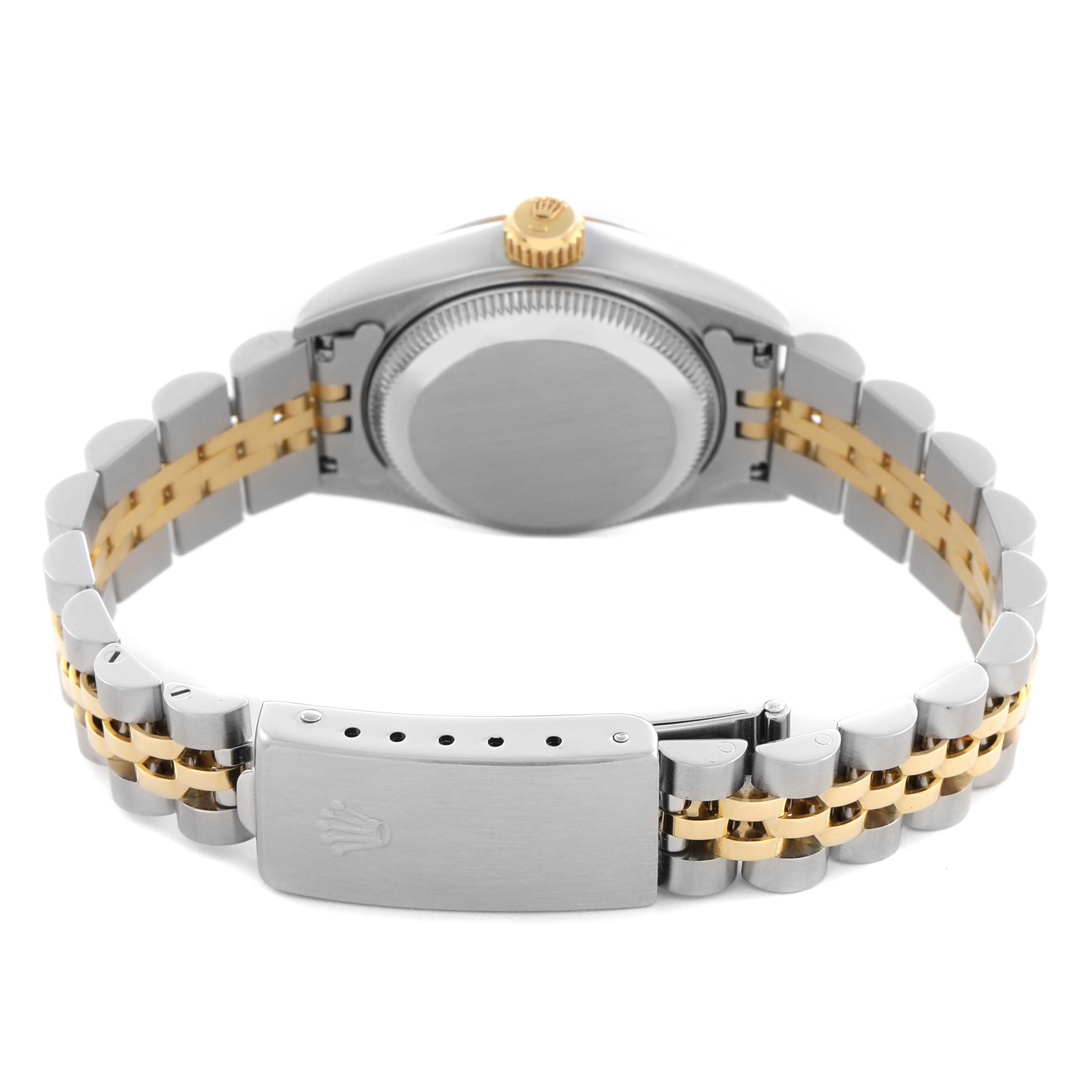 This image shows the back of a Rolex Datejust 69173 Women's Steel and Gold (two tone) Champagne Dial 69173 Women's Steel and Gold (two tone) Champagne Dial watch, highlighting the case back, crown, and two-tone bracelet with clasp.
