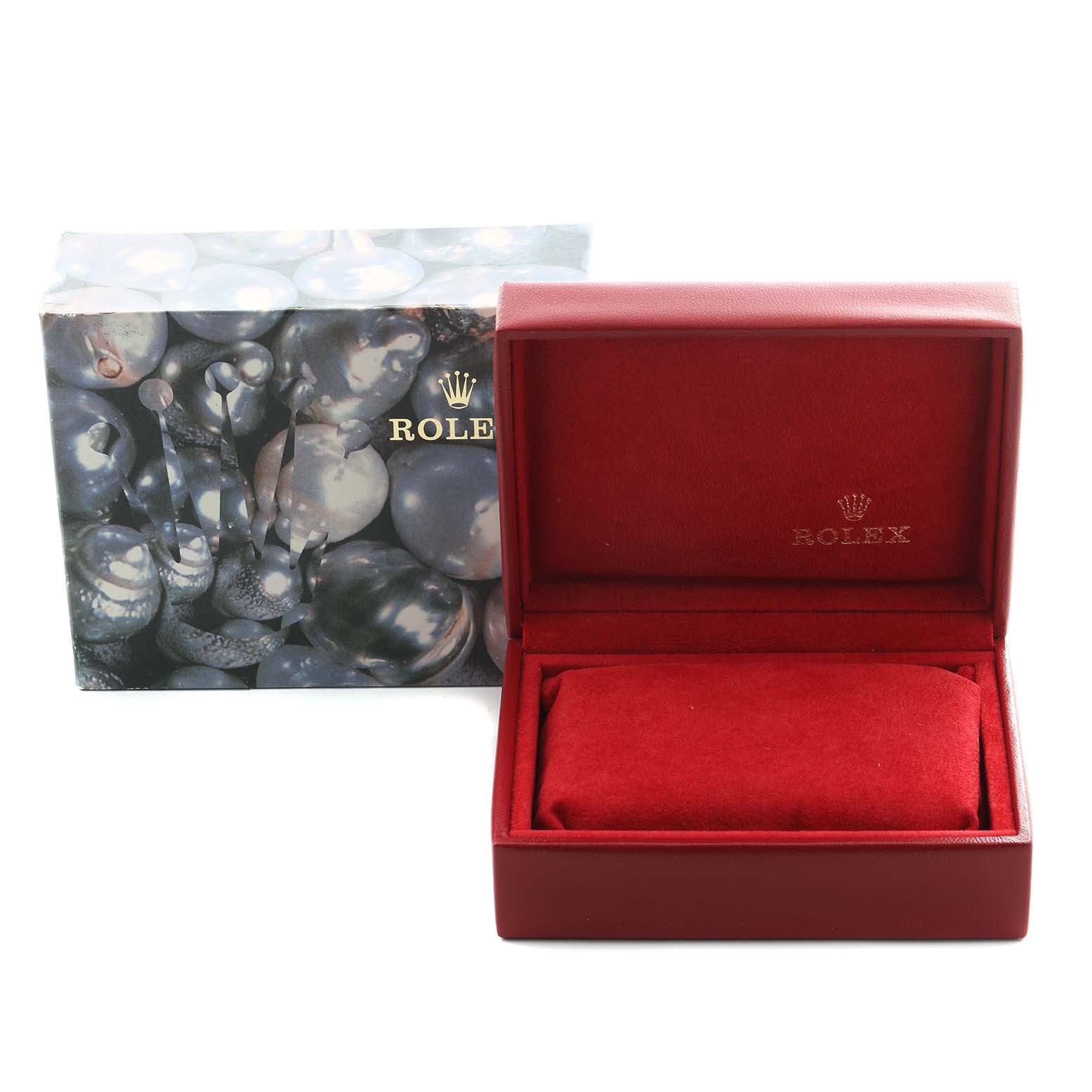 The image shows a Rolex Datejust 69173 Women's Steel and Gold (two tone) Champagne Dial 69173 Women's Steel and Gold (two tone) Champagne Dial accessory angle with an open red box and patterned outer packaging.