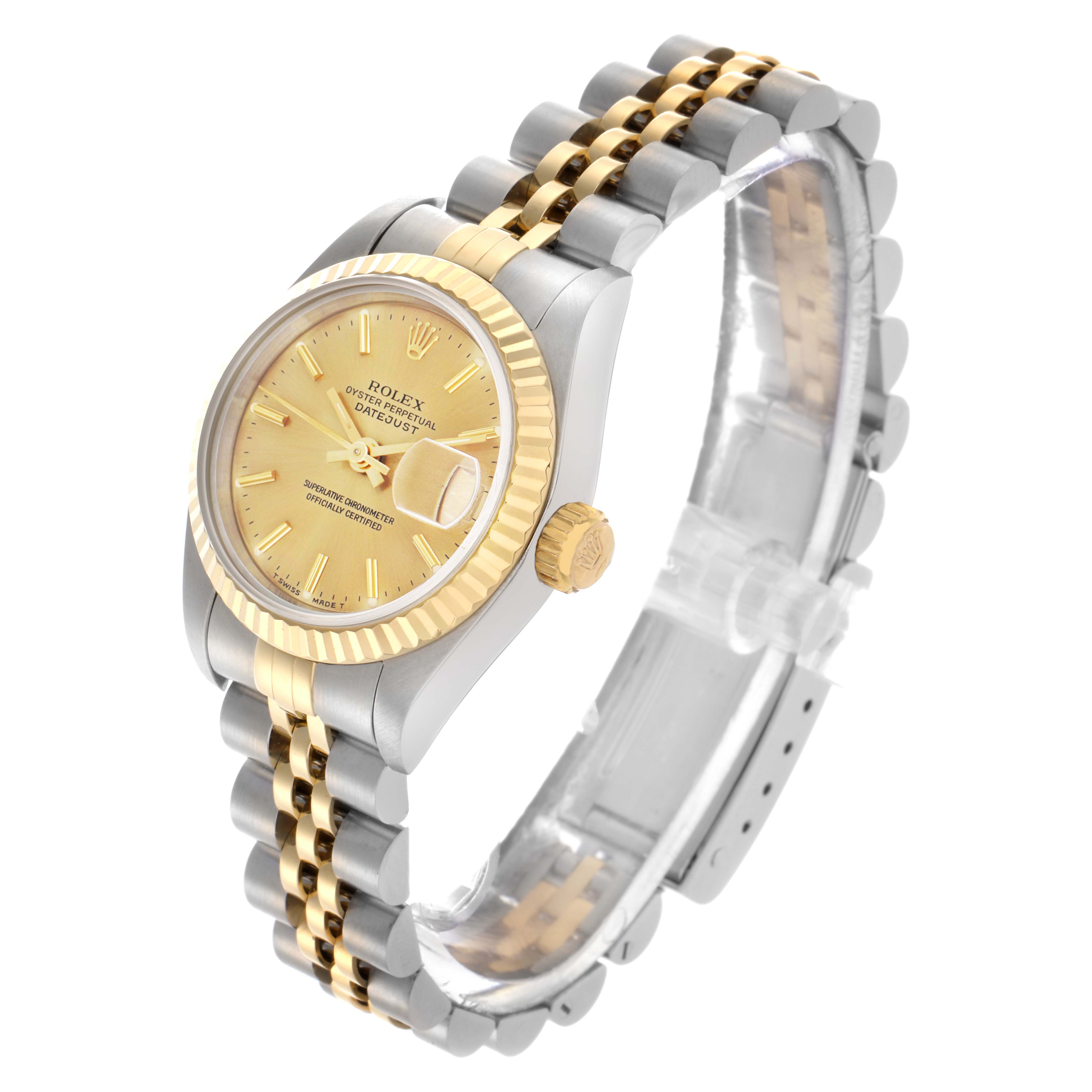 This Rolex Datejust 69173 Women's Steel and Gold (two tone) Champagne Dial 69173 Women's Steel and Gold (two tone) Champagne Dial watch is shown at a three-quarter angle, highlighting the gold fluted bezel, champagne dial, and Jubilee bracelet.