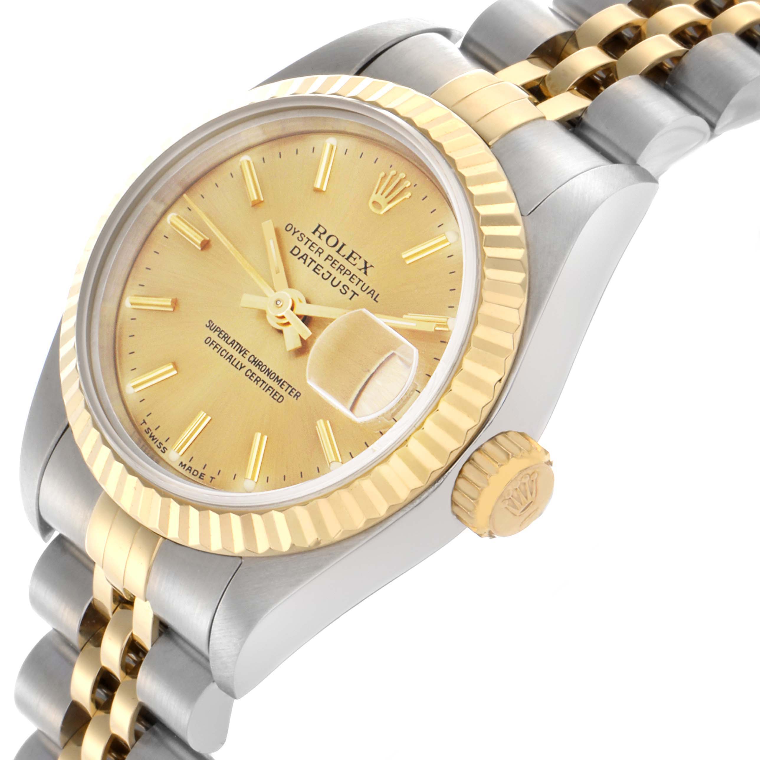 The Rolex Datejust 69173 Women's Steel and Gold (two tone) Champagne Dial 69173 Women's Steel and Gold (two tone) Champagne Dial watch is shown from a side angle highlighting the gold bezel, crown, and part of the bracelet.