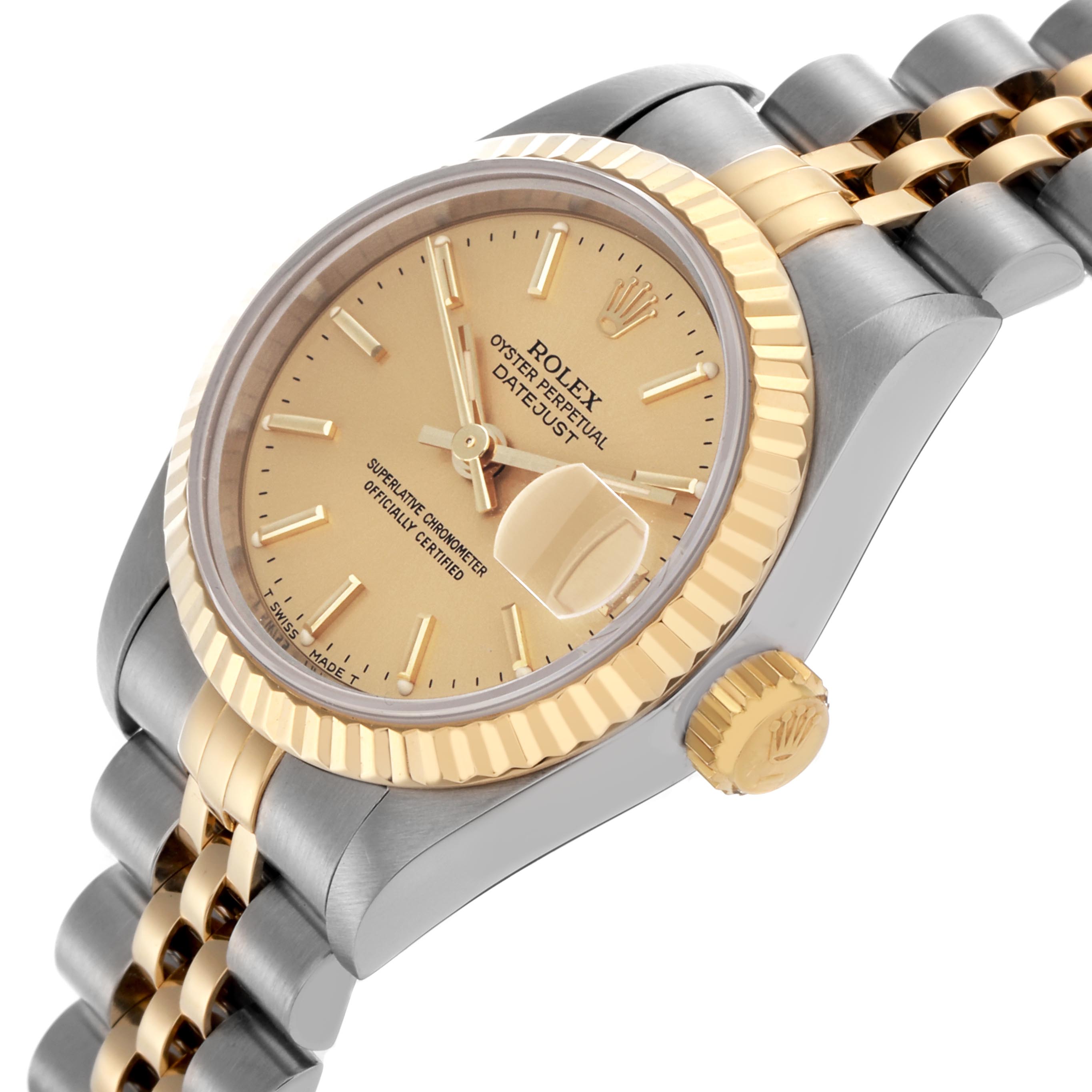 The Rolex Datejust 69173 Women's Steel and Gold (two tone) Champagne Dial 69173 Women's Steel and Gold (two tone) Champagne Dial watch is shown at an angled side view, highlighting the fluted bezel, bracelet, and crown.