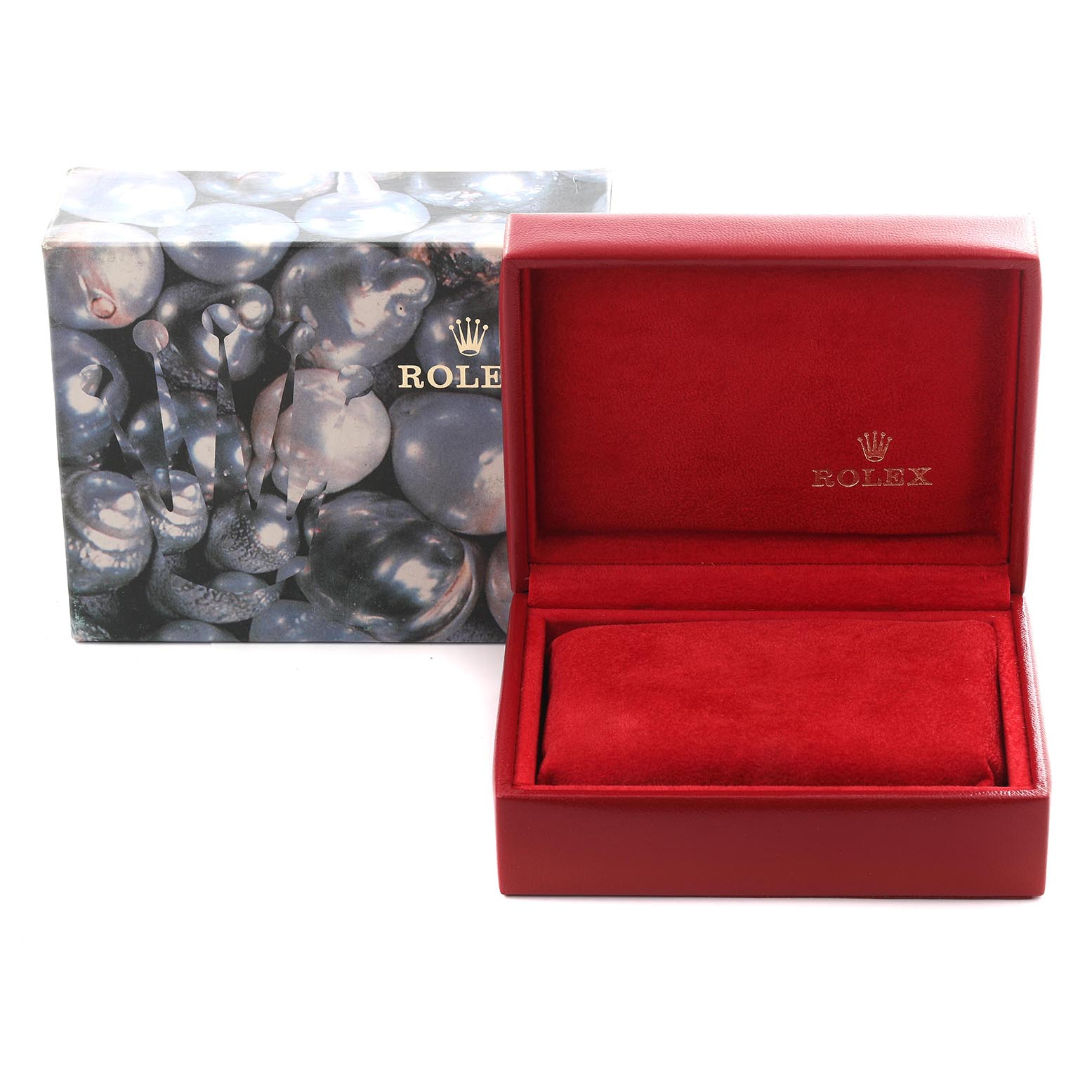 The image shows a Rolex Datejust 69173 Women's Steel and Gold (two tone) Champagne Dial 69173 Women's Steel and Gold (two tone) Champagne Dial model watch box and outer packaging, with an open, red-lined interior.