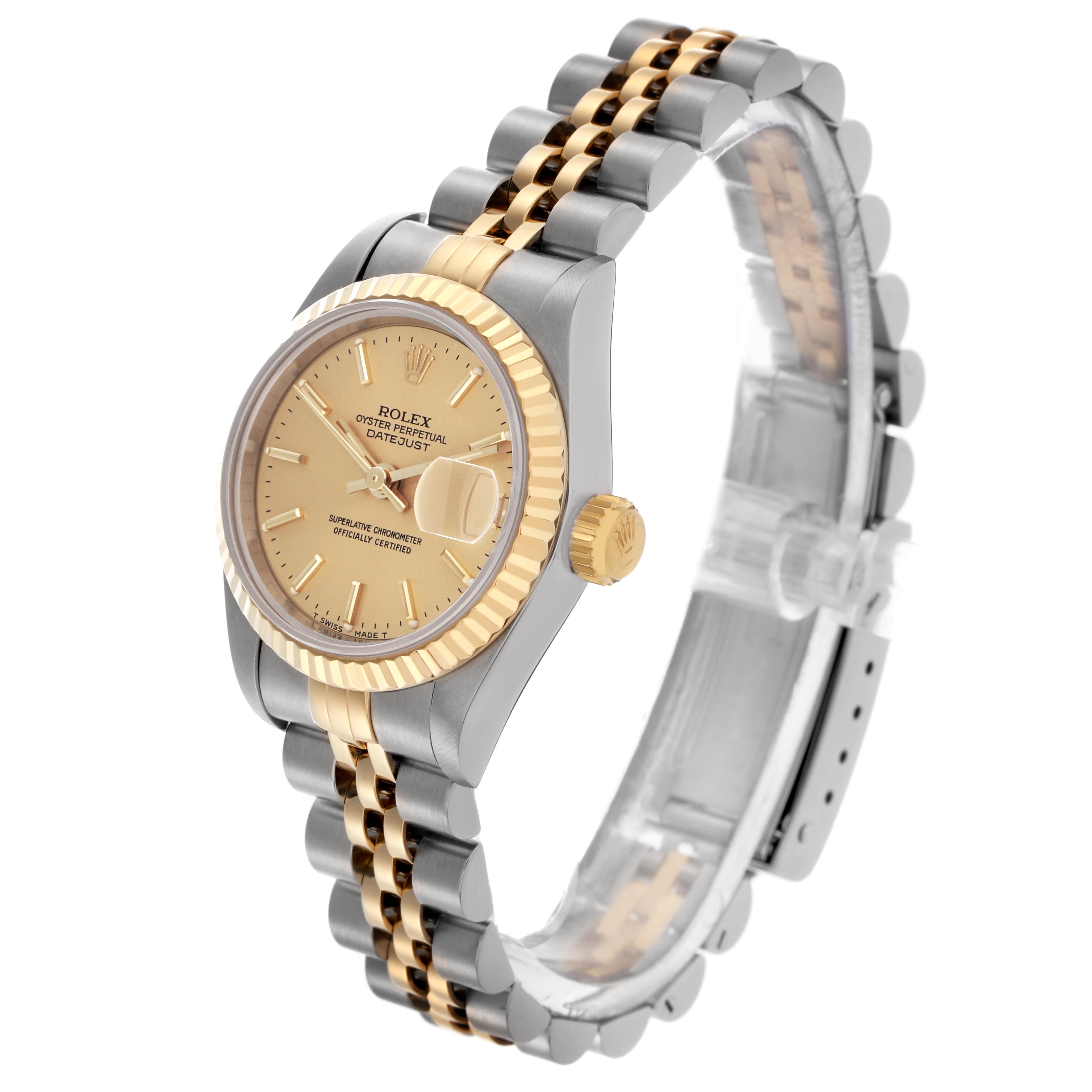 The Rolex Datejust 69173 Women's Steel and Gold (two tone) Champagne Dial 69173 Women's Steel and Gold (two tone) Champagne Dial watch is shown at a three-quarter angle, displaying the bezel, dial, crown, and two-tone bracelet.
