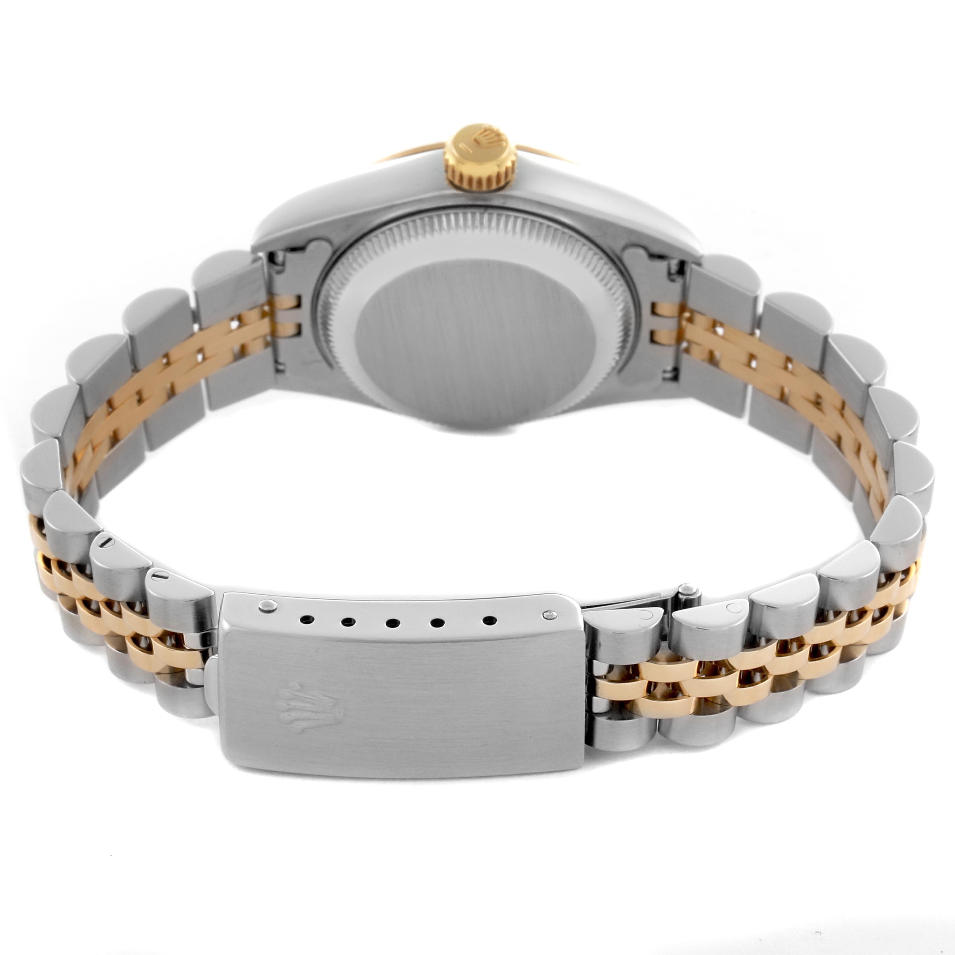 The image shows the Rolex Datejust 69173 Women's Steel and Gold (two tone) Champagne Dial 69173 Women's Steel and Gold (two tone) Champagne Dial watch from the back, highlighting its two-tone bracelet and clasp.
