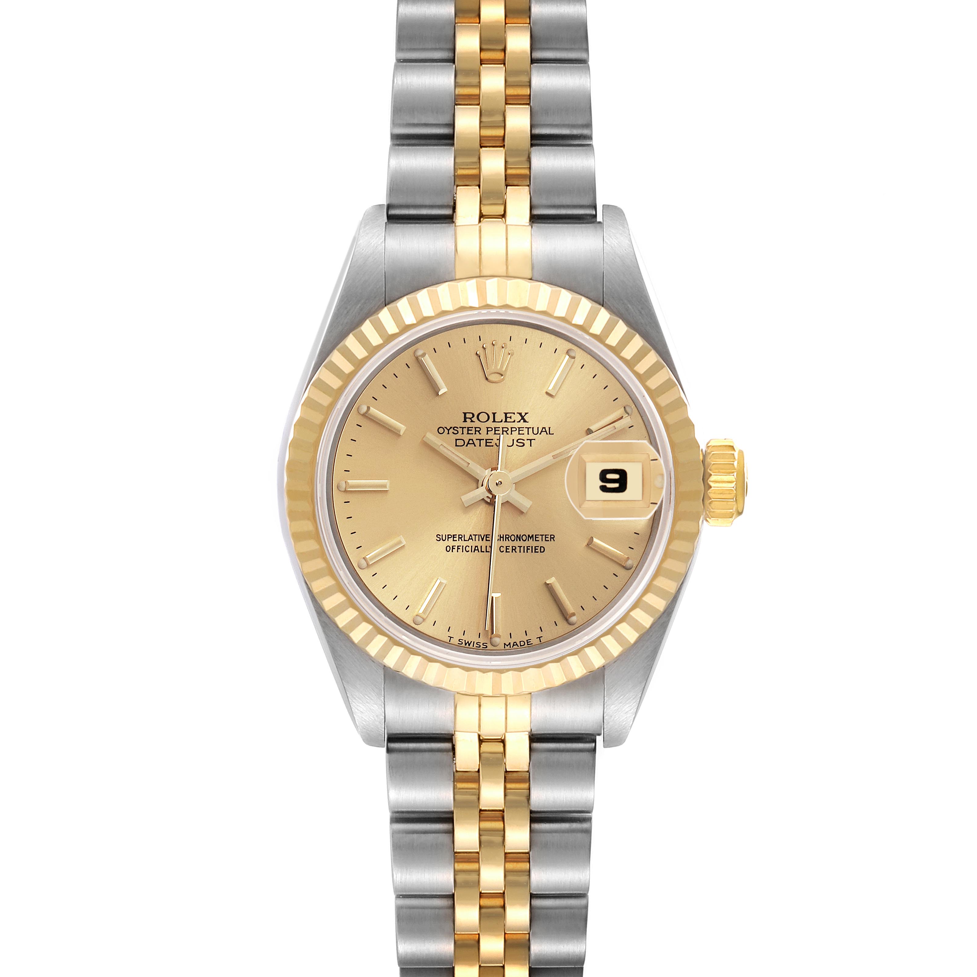 The Rolex Datejust 69173 Women's Steel and Gold (two tone) Champagne Dial 69173 Women's Steel and Gold (two tone) Champagne Dial watch is shown from a top view, displaying its two-tone bracelet, fluted bezel, and champagne dial with a date window.