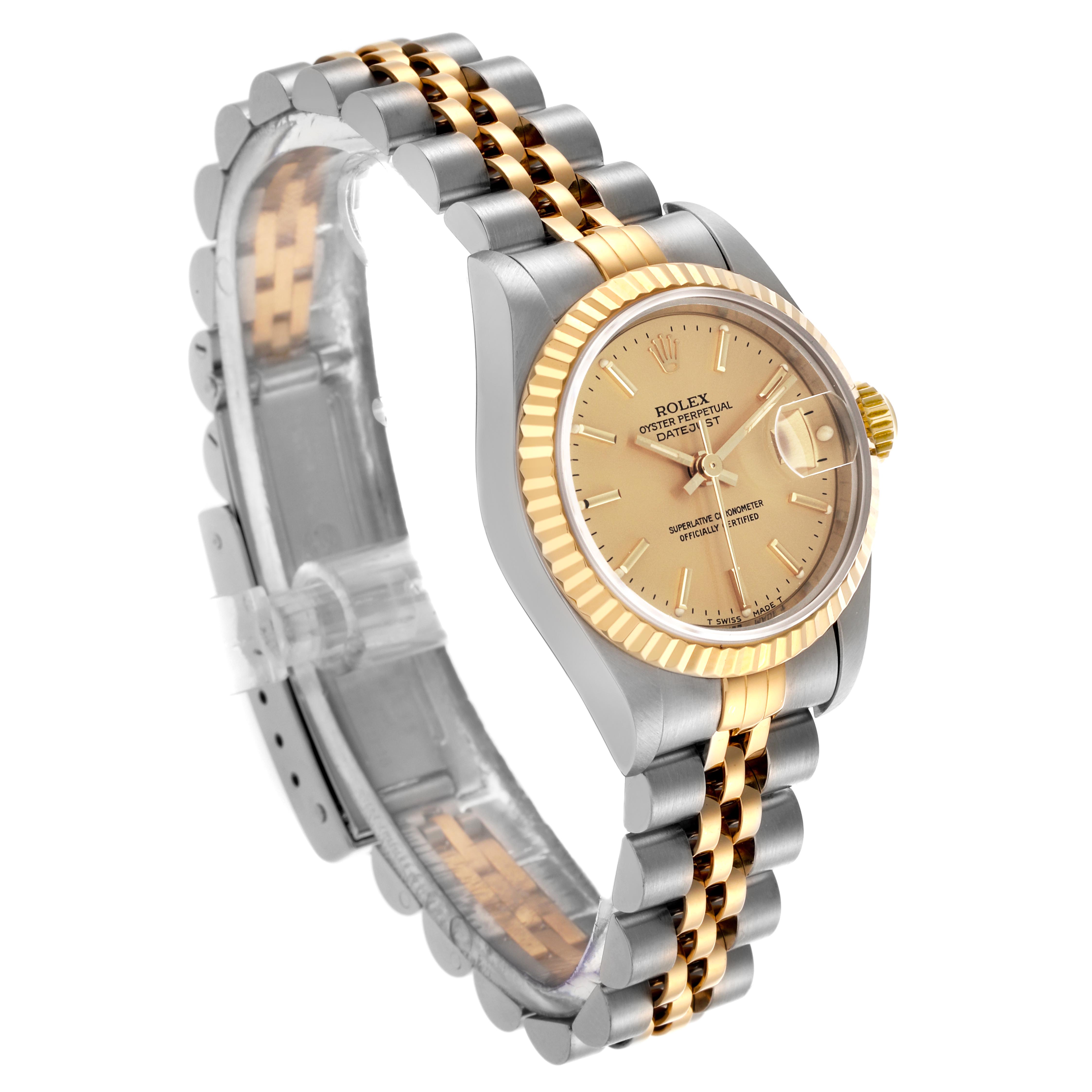 The Rolex Datejust 69173 Women's Steel and Gold (two tone) Champagne Dial 69173 Women's Steel and Gold (two tone) Champagne Dial watch is shown at a three-quarter angle, highlighting the dial, bezel, and Jubilee bracelet.
