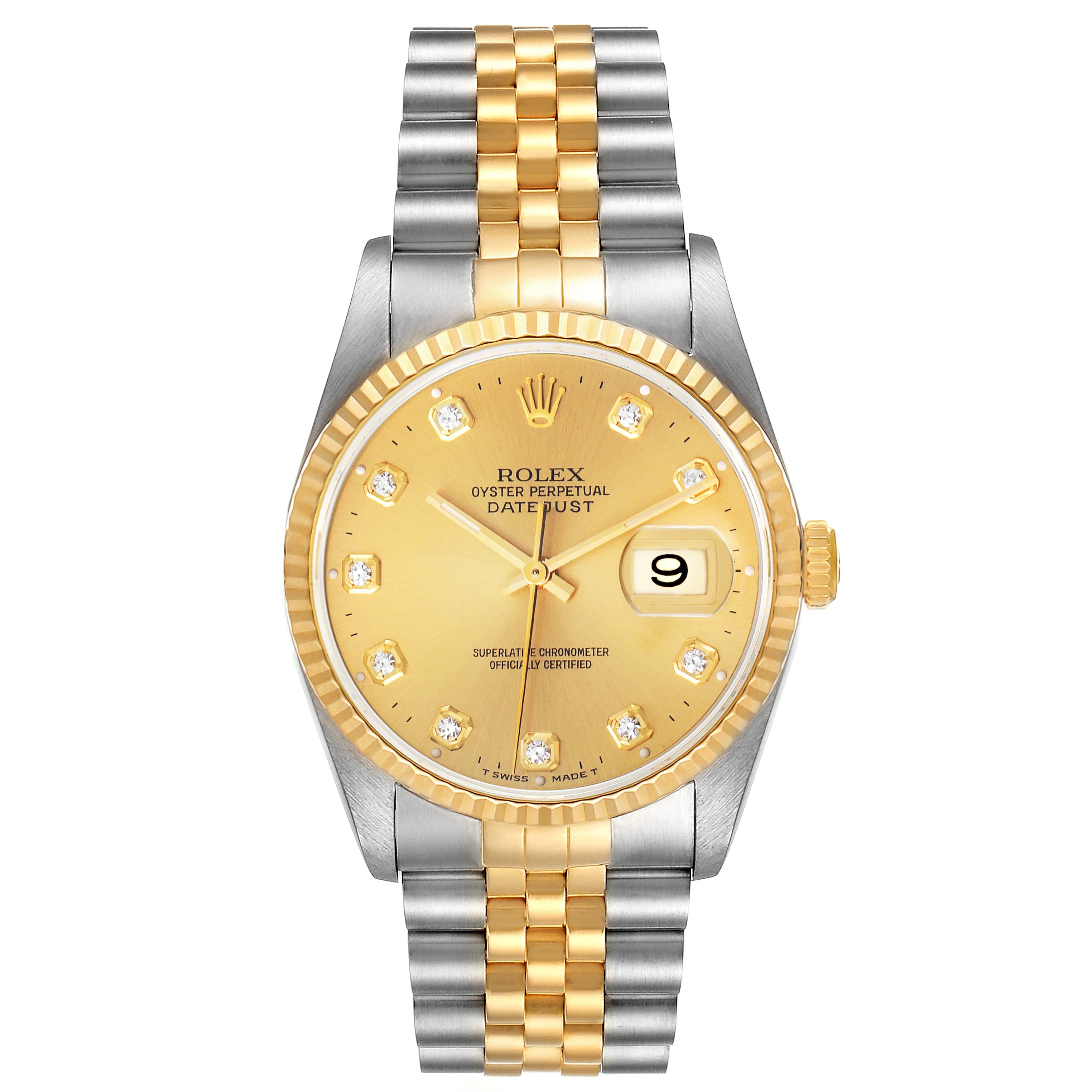 This is a front view of a Rolex Datejust 16233 Men's Steel and Gold (two tone) Champagne Dial 16233 Men's Steel and Gold (two tone) Champagne Dial watch, showcasing its dial, bezel, hands, crown, and two-tone bracelet.