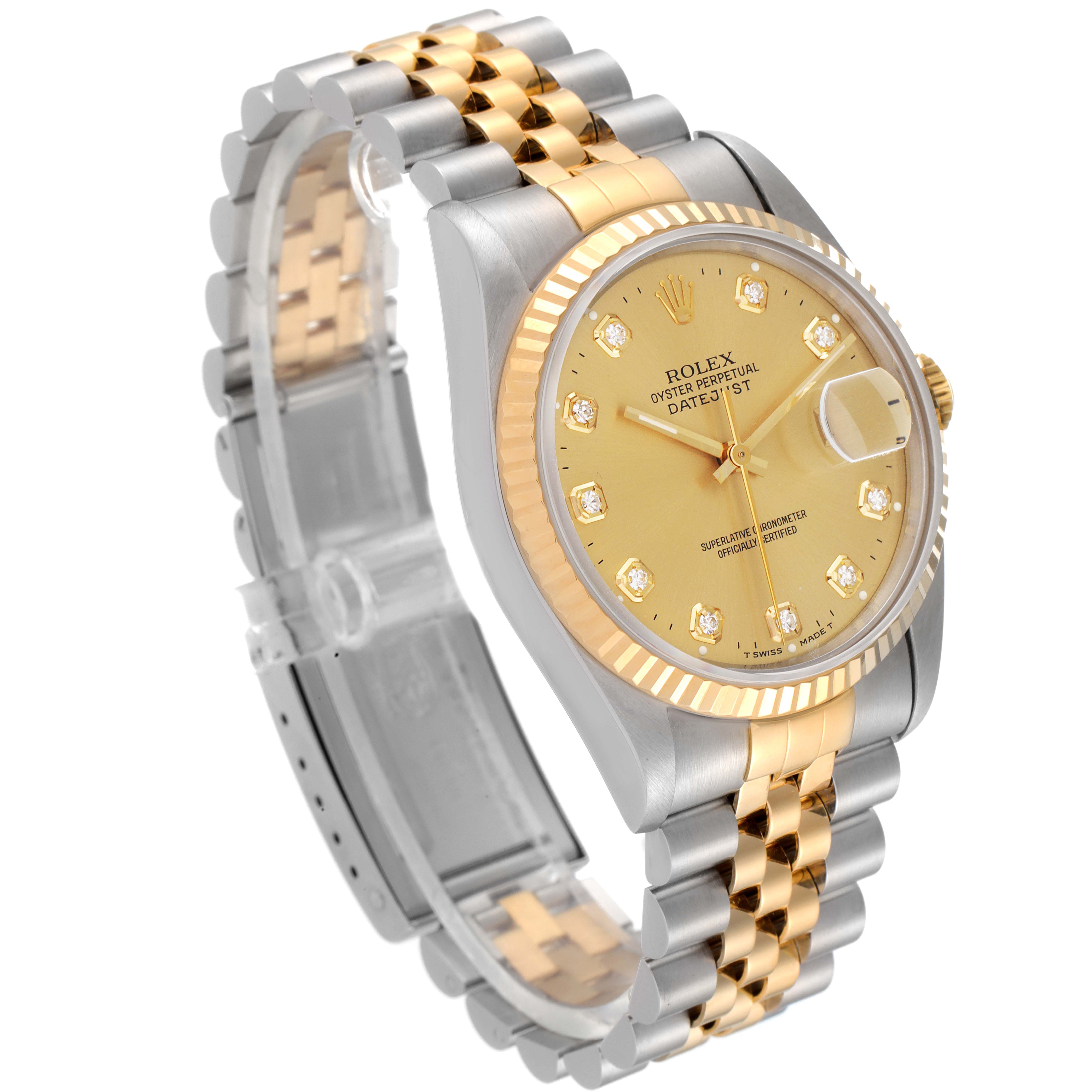 The image shows a Rolex Datejust 16233 Men's Steel and Gold (two tone) Champagne Dial 16233 Men's Steel and Gold (two tone) Champagne Dial watch from a three-quarter angle, highlighting its gold and silver bracelet, dial, and fluted bezel.