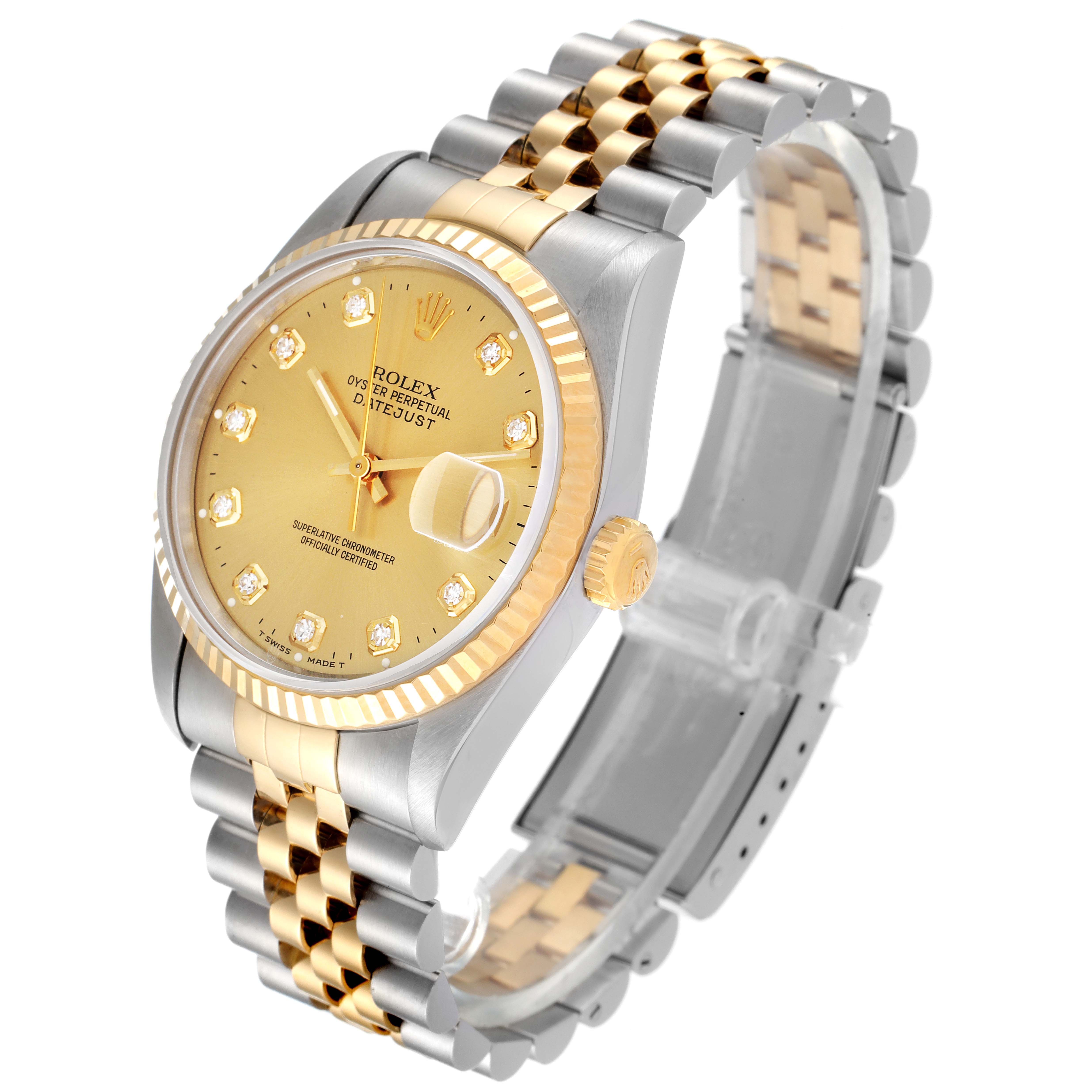 The image shows a Rolex Datejust 16233 Men's Steel and Gold (two tone) Champagne Dial 16233 Men's Steel and Gold (two tone) Champagne Dial watch at a three-quarter angle, highlighting the face, bezel, crown, and two-tone bracelet.
