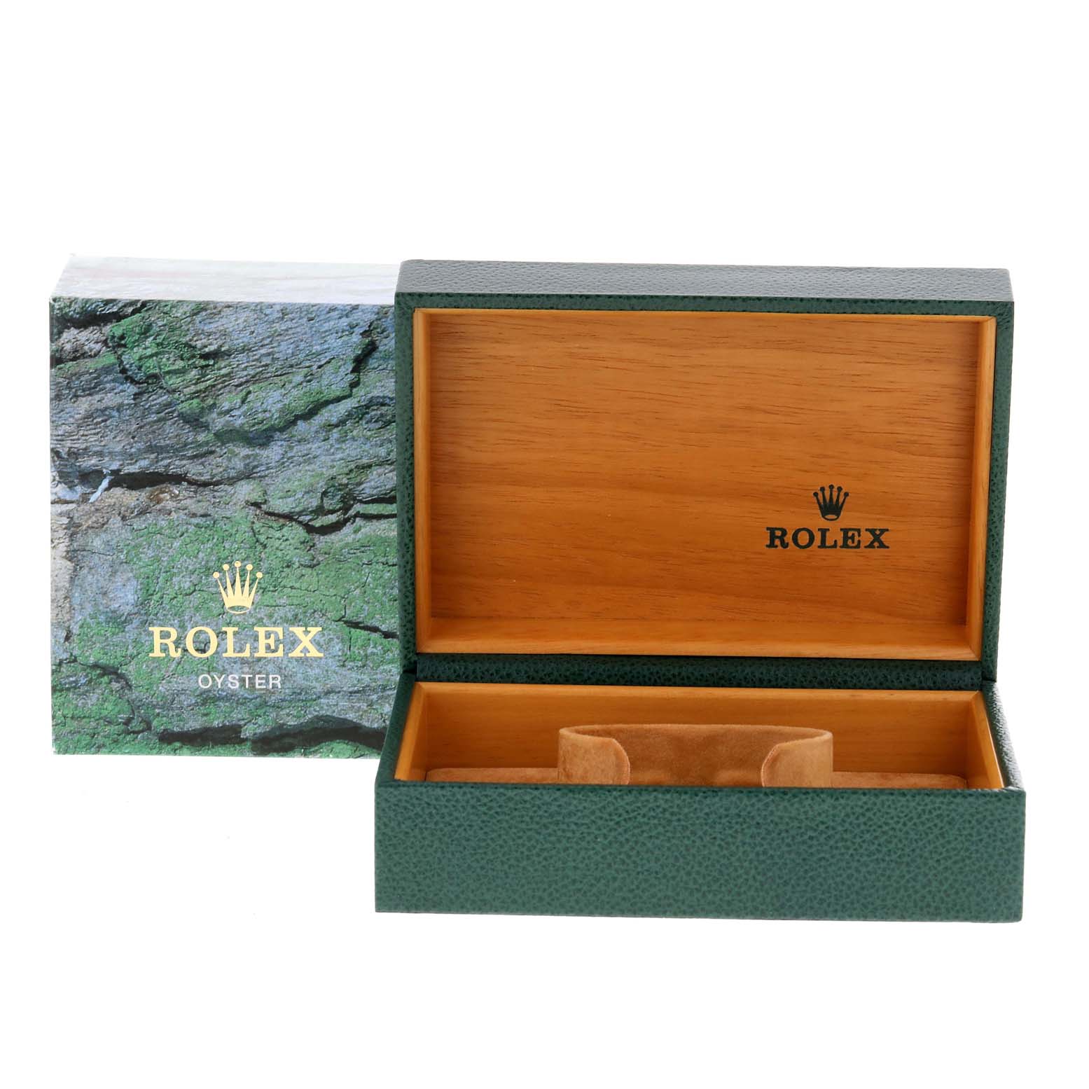 This image shows the open green and wooden Rolex Datejust 16233 Men's Steel and Gold (two tone) Champagne Dial 16233 Men's Steel and Gold (two tone) Champagne Dial watch box with the outer sleeve also visible.