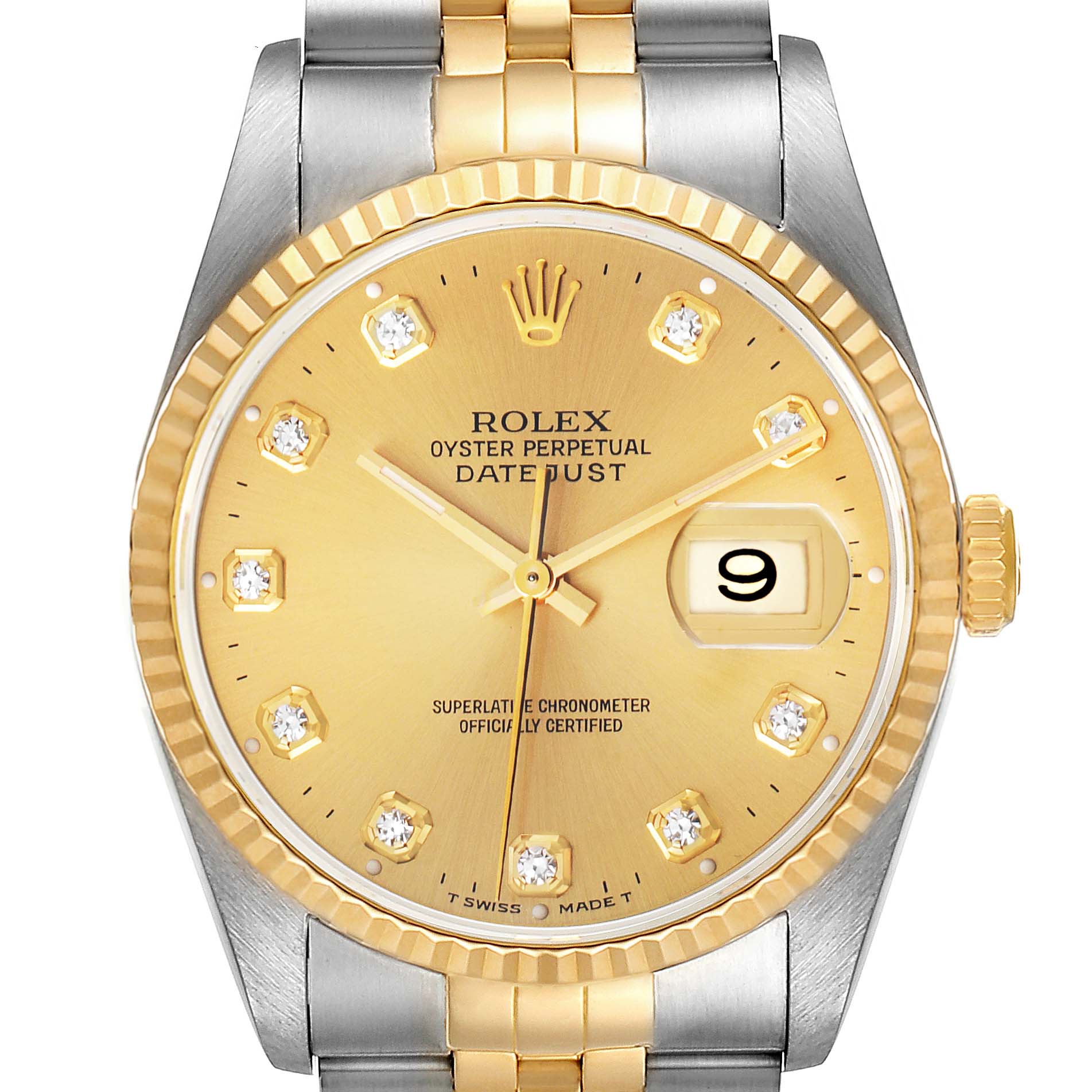 The image shows a front view of the Rolex Datejust 16233 Men's Steel and Gold (two tone) Champagne Dial 16233 Men's Steel and Gold (two tone) Champagne Dial watch, highlighting its dial, bezel, hands, date window, and part of the bracelet.