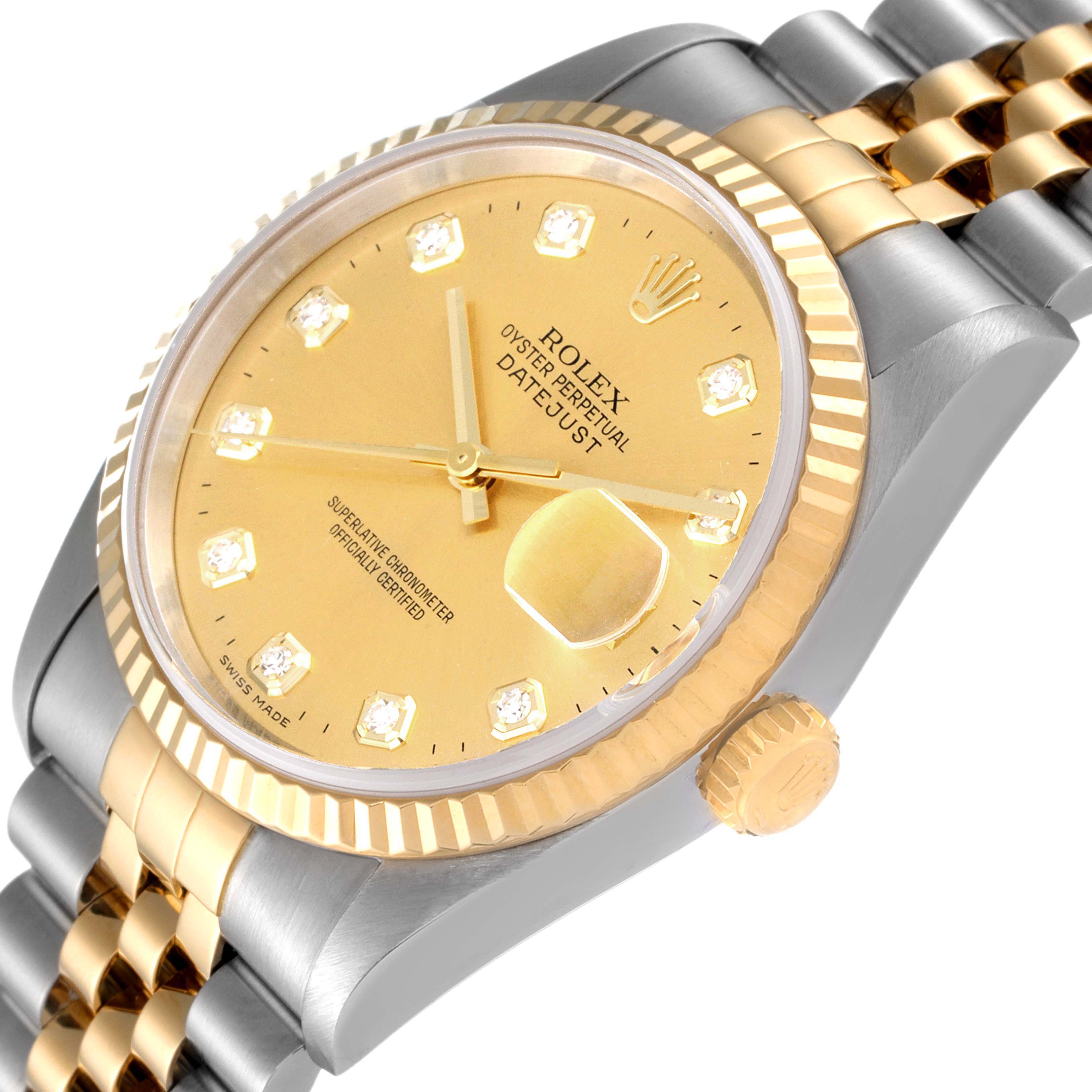 This image shows a close-up angle of the Rolex Datejust 16233 Men's Steel and Gold (two tone) Champagne Dial 16233 Men's Steel and Gold (two tone) Champagne Dial watch, highlighting the dial, crown, and two-tone bracelet.