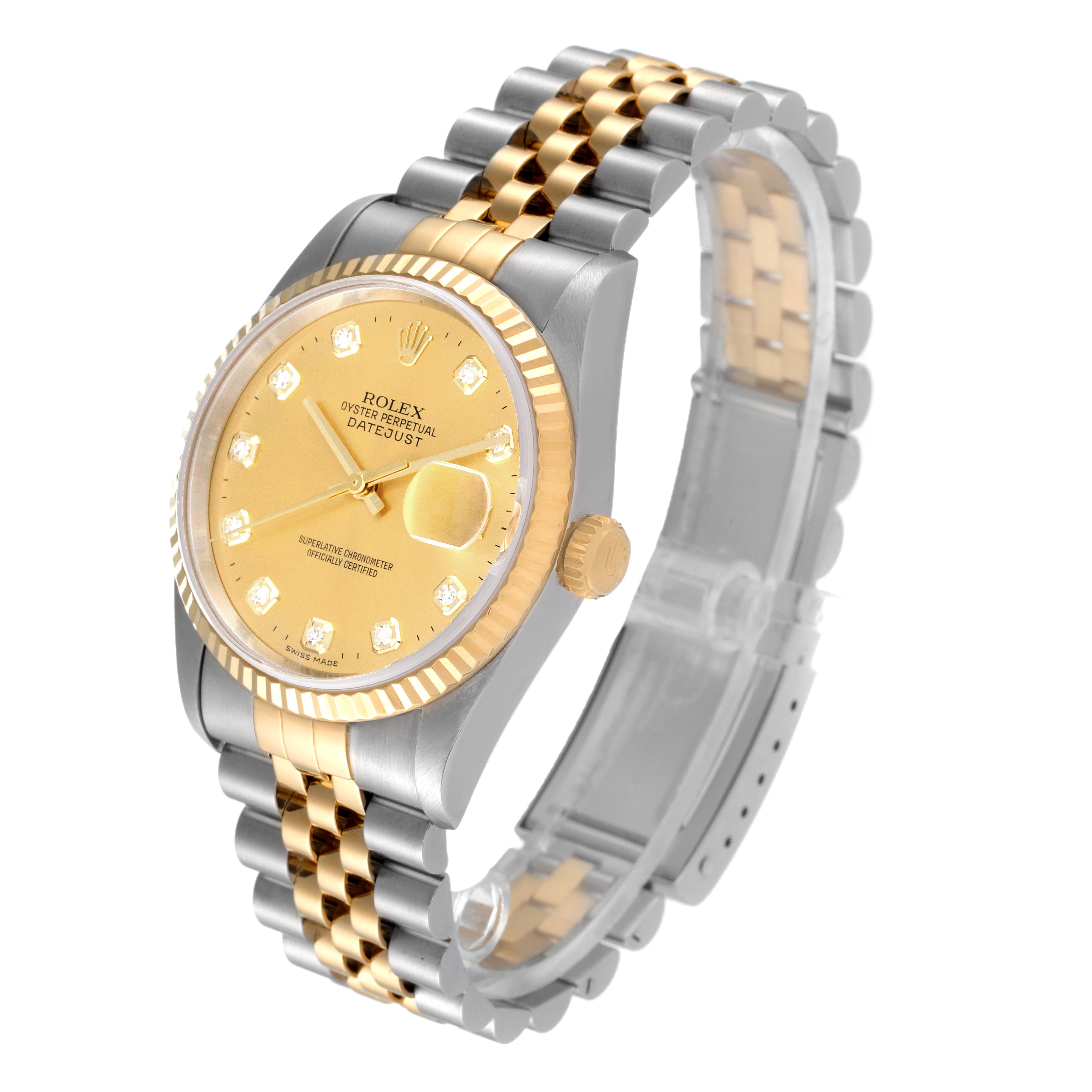 The Rolex Datejust 16233 Men's Steel and Gold (two tone) Champagne Dial 16233 Men's Steel and Gold (two tone) Champagne Dial watch is shown at an angle displaying the gold/silver bracelet, case, bezel, dial, crown, and date magnifier.