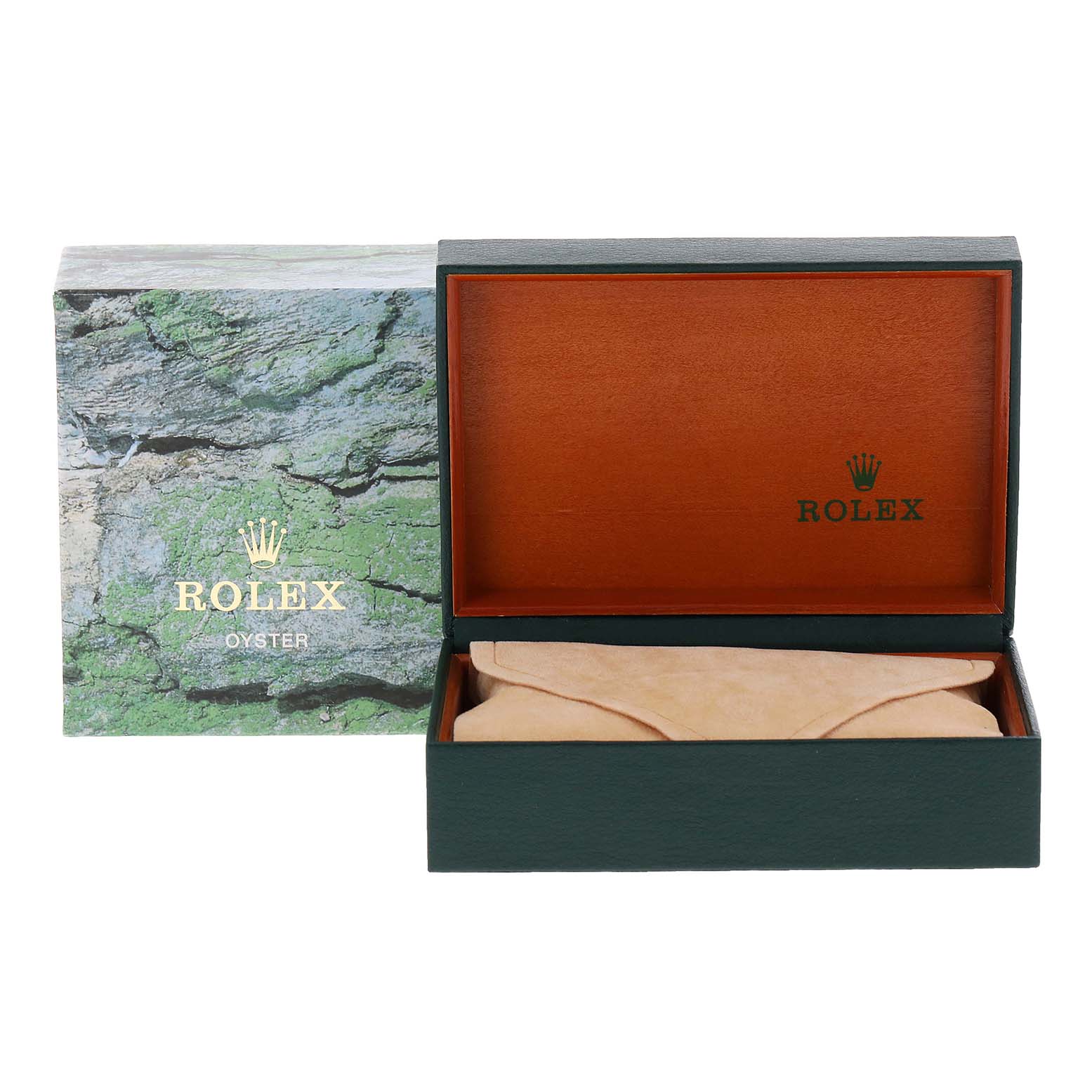 The image shows the packaging for a Rolex Datejust 16233 Men's Steel and Gold (two tone) Champagne Dial 16233 Men's Steel and Gold (two tone) Champagne Dial watch, including a Rolex box and a cloth pouch.