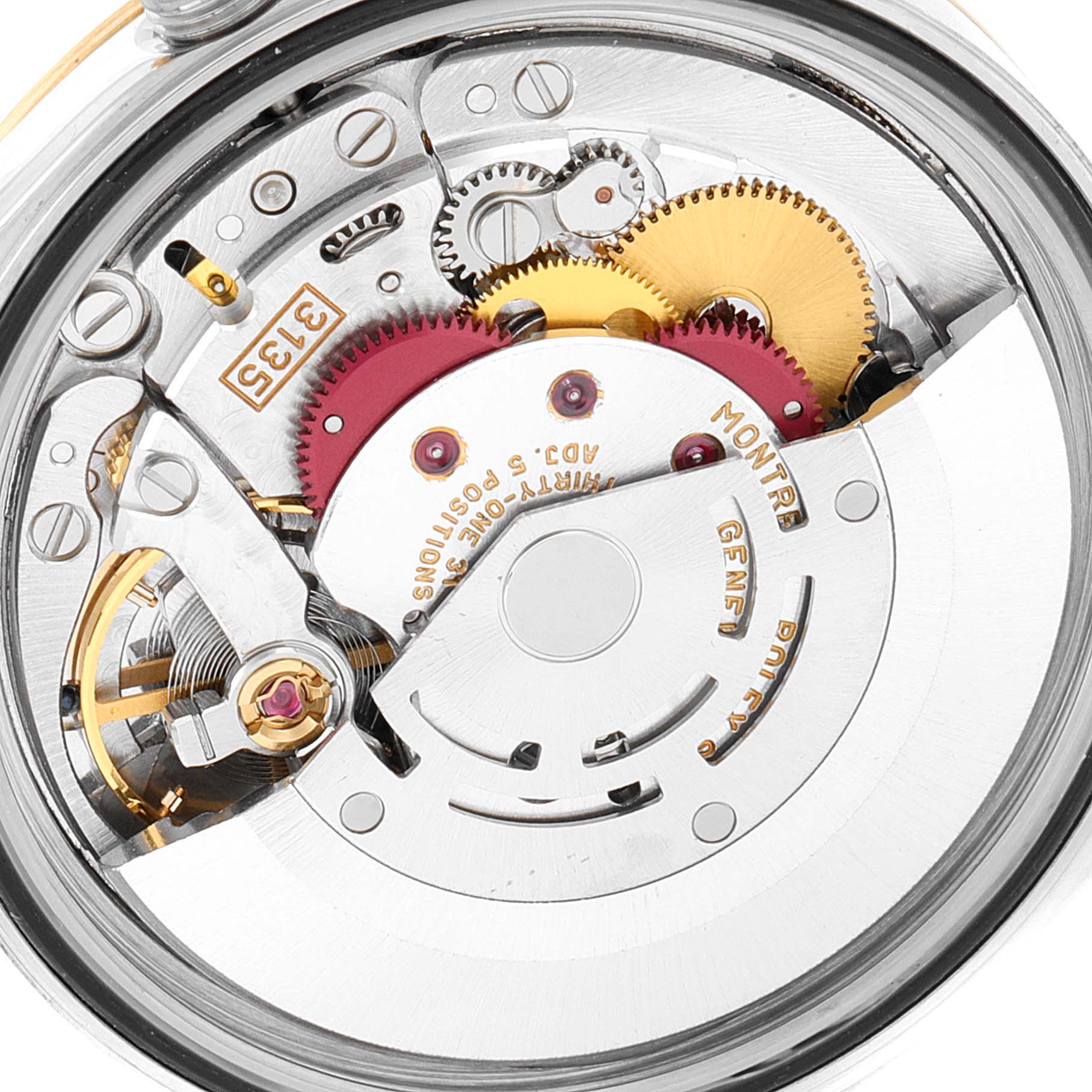 This image shows a close-up of the internal movement mechanism of a Rolex Datejust 16233 Men's Steel and Gold (two tone) Champagne Dial 16233 Men's Steel and Gold (two tone) Champagne Dial watch.