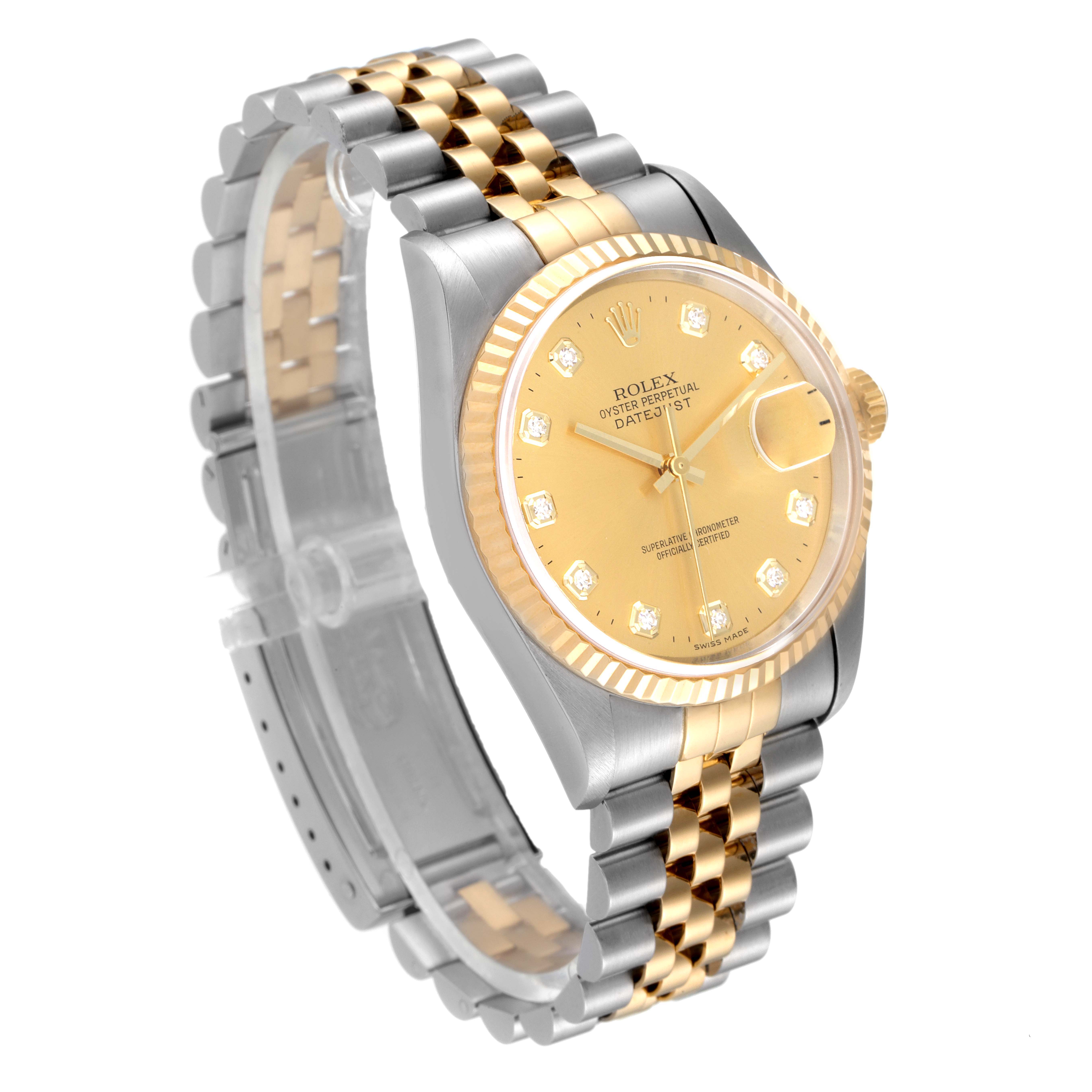 The image displays a side angle of a Rolex Datejust 16233 Men's Steel and Gold (two tone) Champagne Dial 16233 Men's Steel and Gold (two tone) Champagne Dial watch, showcasing its gold bezel, champagne dial, and two-tone bracelet.