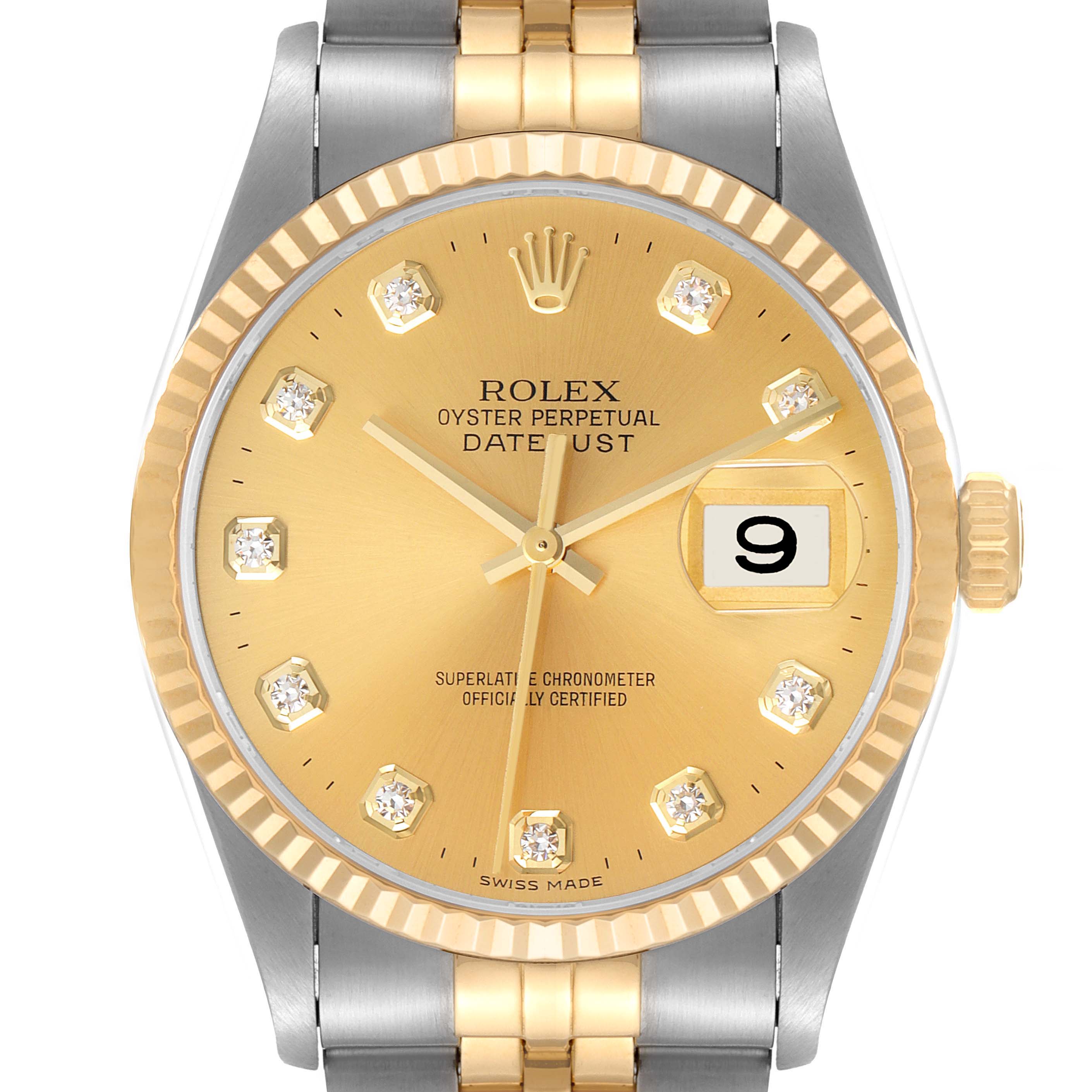 The image shows a front view of the Rolex Datejust 16233 Men's Steel and Gold (two tone) Champagne Dial 16233 Men's Steel and Gold (two tone) Champagne Dial model, highlighting the gold dial, bezel, and part of the bracelet.