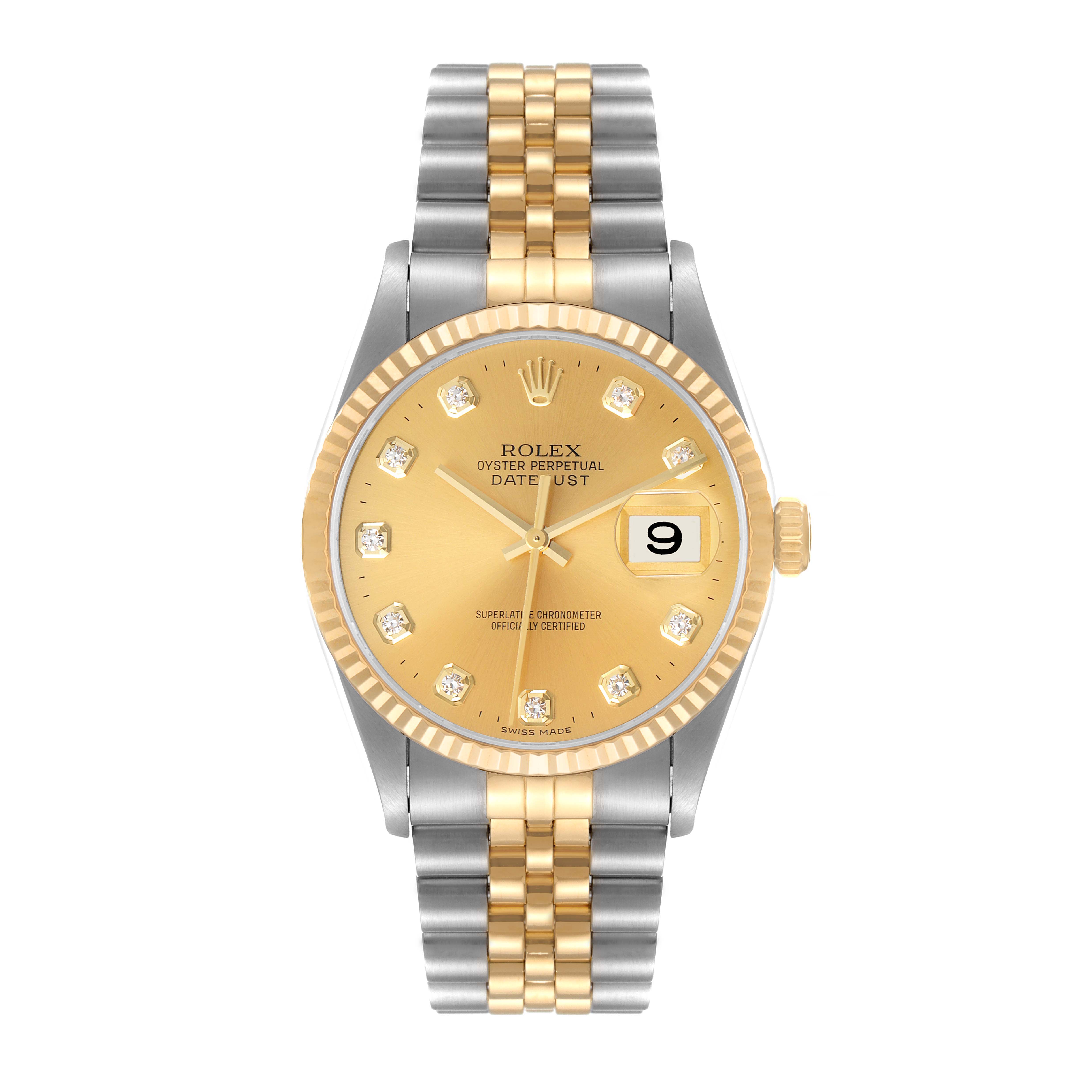 This image shows a Rolex Datejust 16233 Men's Steel and Gold (two tone) Champagne Dial 16233 Men's Steel and Gold (two tone) Champagne Dial watch with a gold dial and a two-tone bracelet, viewed from the front.
