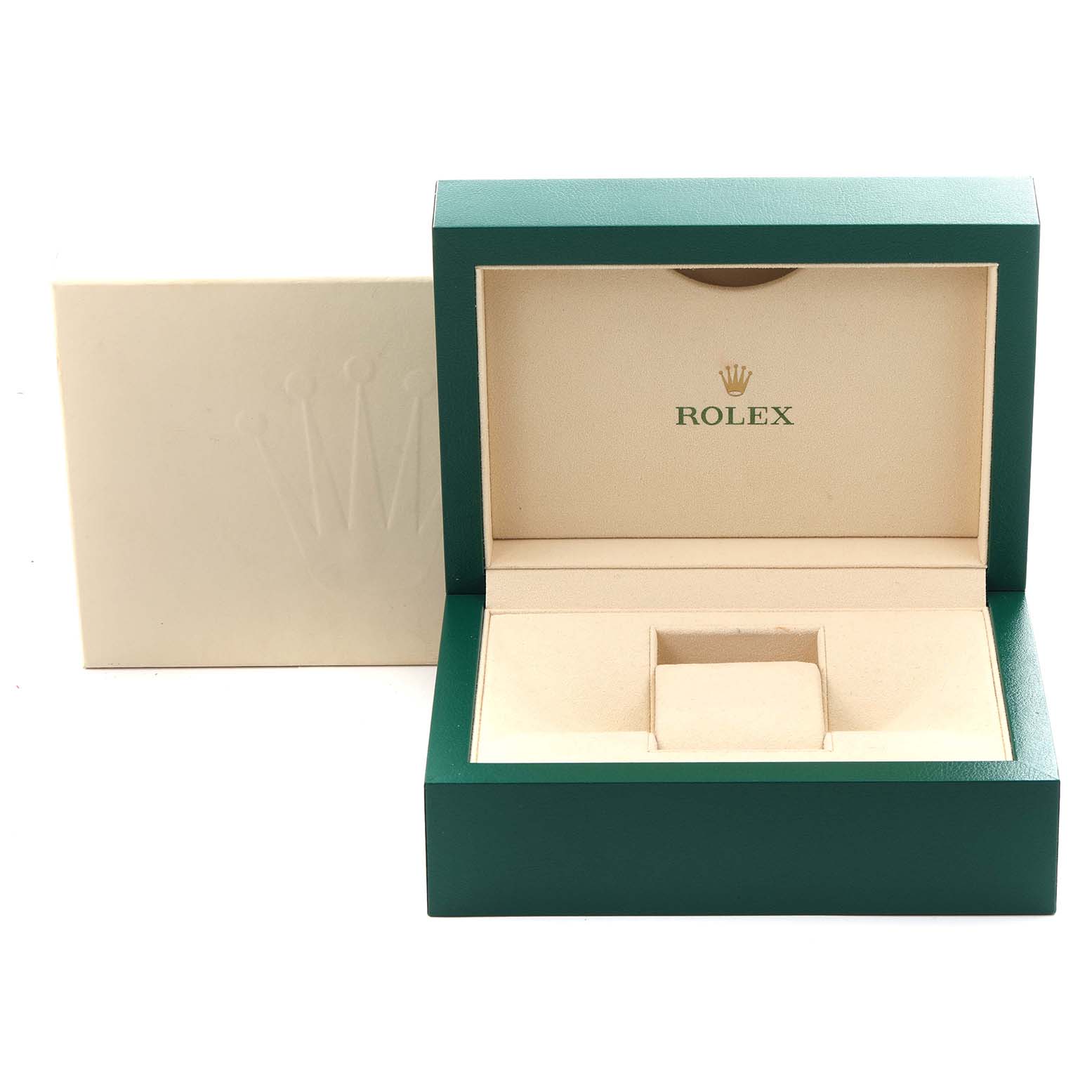 The image shows an open Rolex Datejust 126233 Men's Steel and Gold (two tone) Champagne Dial 126233 Men's Steel and Gold (two tone) Champagne Dial watch box and outer sleeve, viewed from the front.