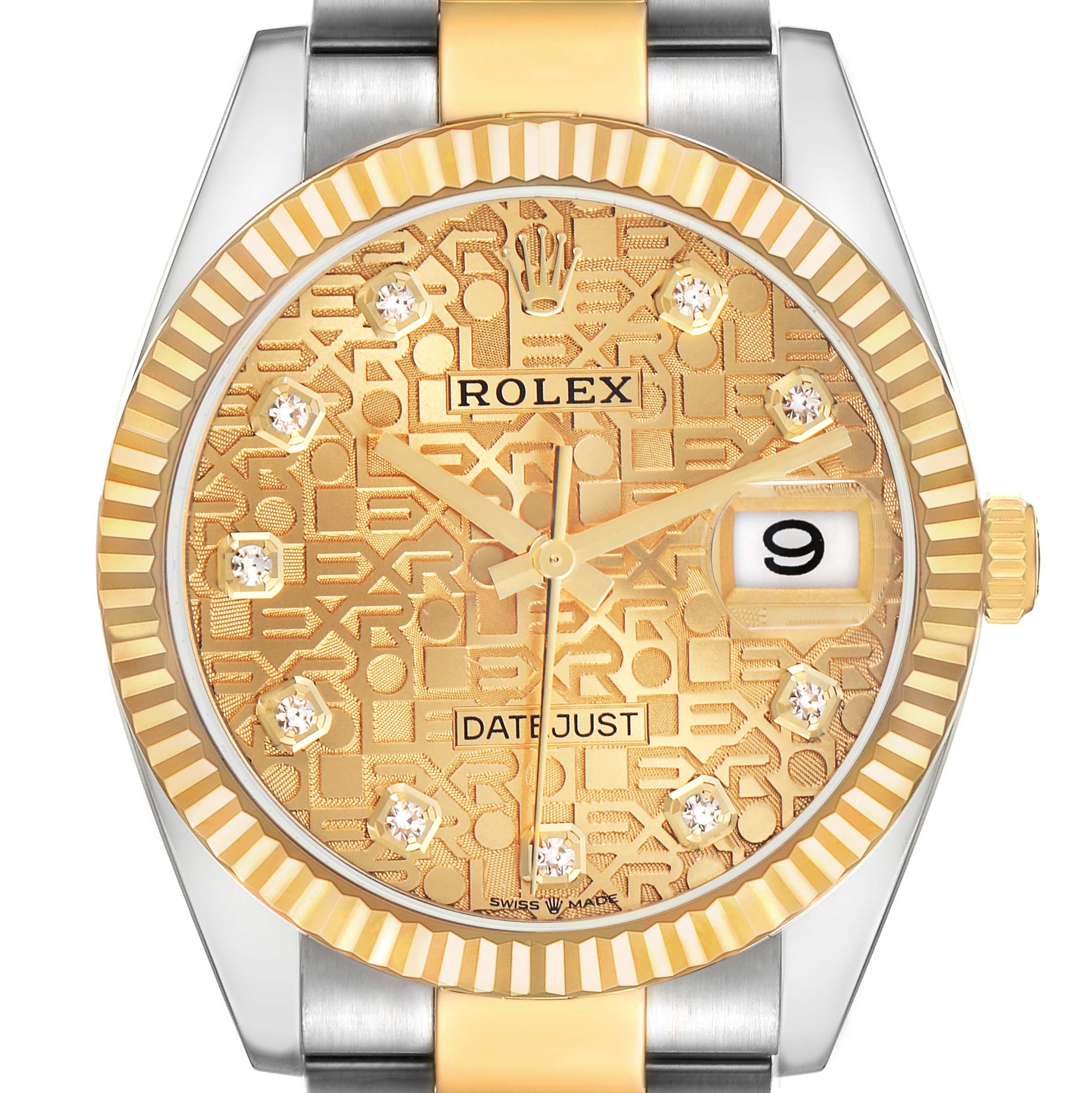 The Rolex Datejust 126233 Men's Steel and Gold (two tone) Champagne Dial 126233 Men's Steel and Gold (two tone) Champagne Dial watch is shown from the front, highlighting its gold patterned dial, diamond markers, and the date window.
