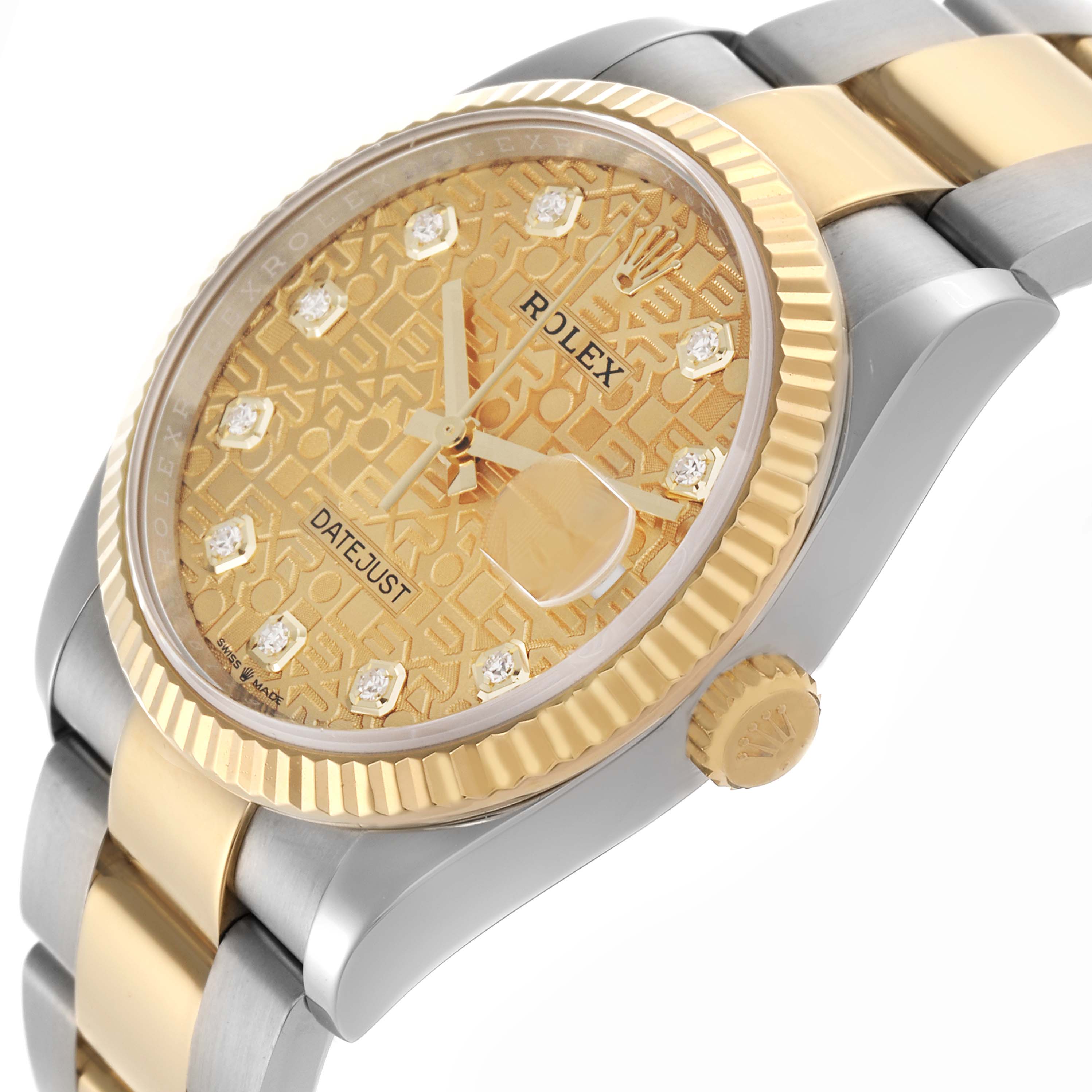 The Rolex Datejust 126233 Men's Steel and Gold (two tone) Champagne Dial 126233 Men's Steel and Gold (two tone) Champagne Dial watch is shown at a slight angle, highlighting its gold-tone dial, bezel, case, and part of the bracelet.