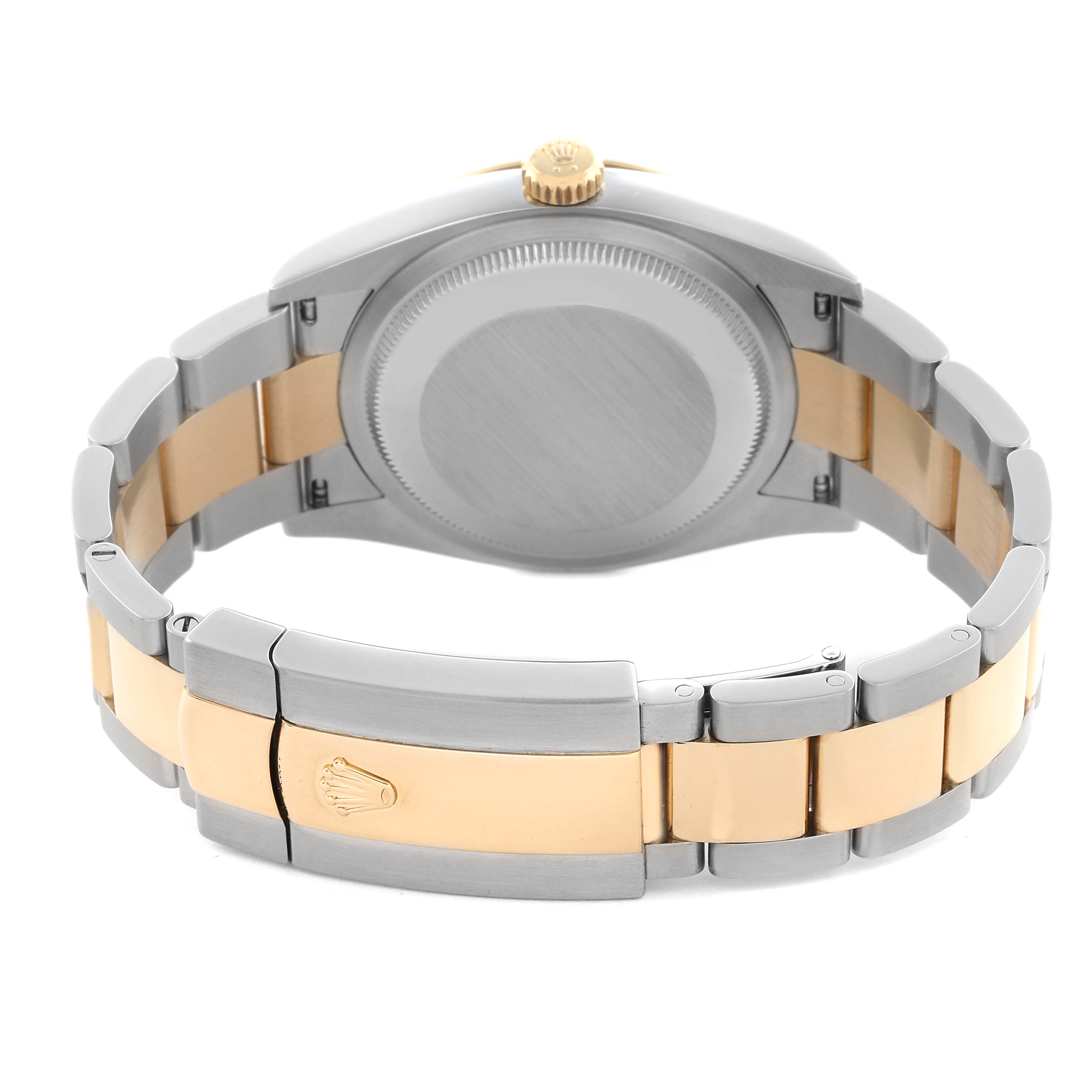 This image shows the back view of a Rolex Datejust 126233 Men's Steel and Gold (two tone) Champagne Dial 126233 Men's Steel and Gold (two tone) Champagne Dial, highlighting its case and two-tone bracelet clasp.