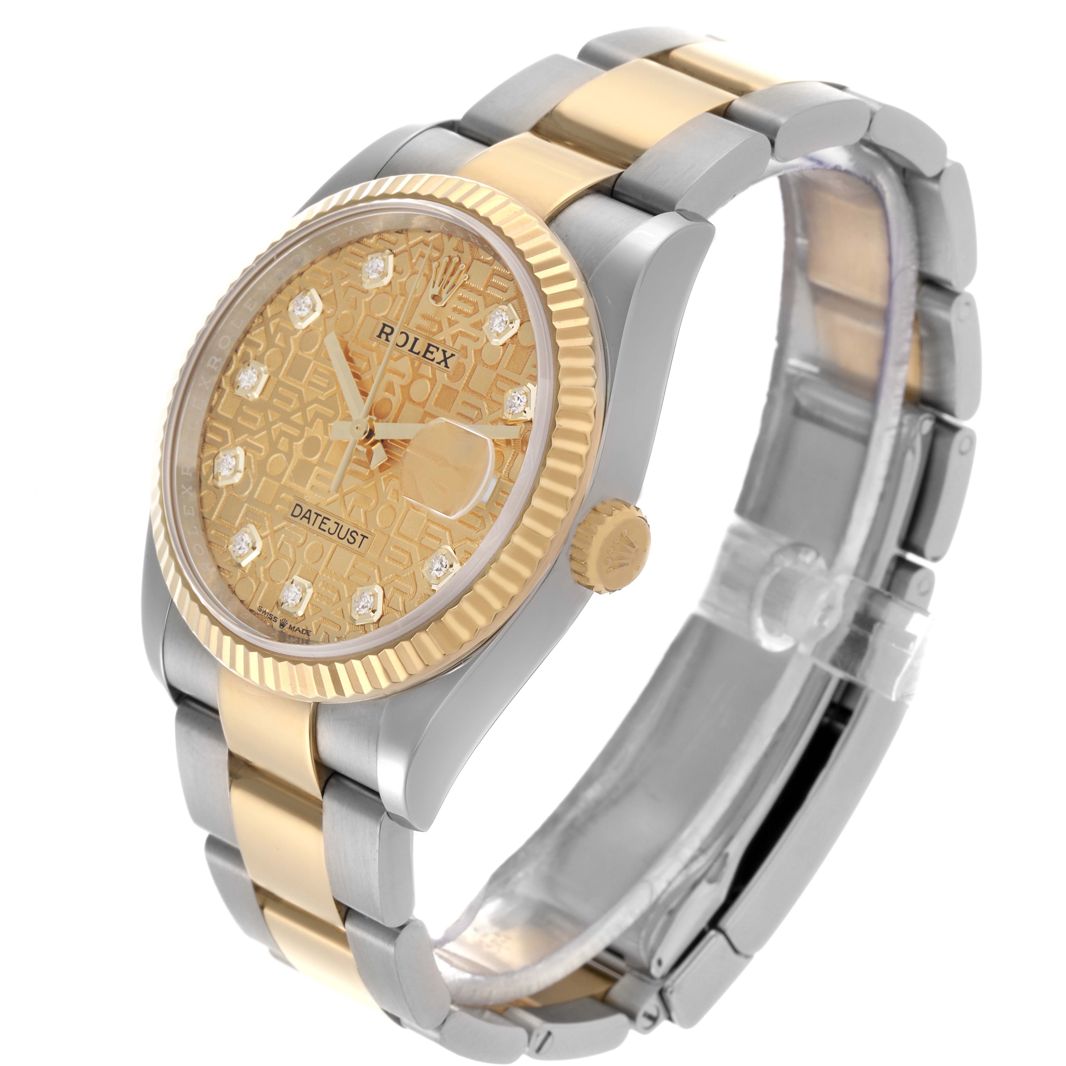 The Rolex Datejust 126233 Men's Steel and Gold (two tone) Champagne Dial 126233 Men's Steel and Gold (two tone) Champagne Dial watch is shown at a slight angle, displaying the face, bezel, crown, and two-tone bracelet.
