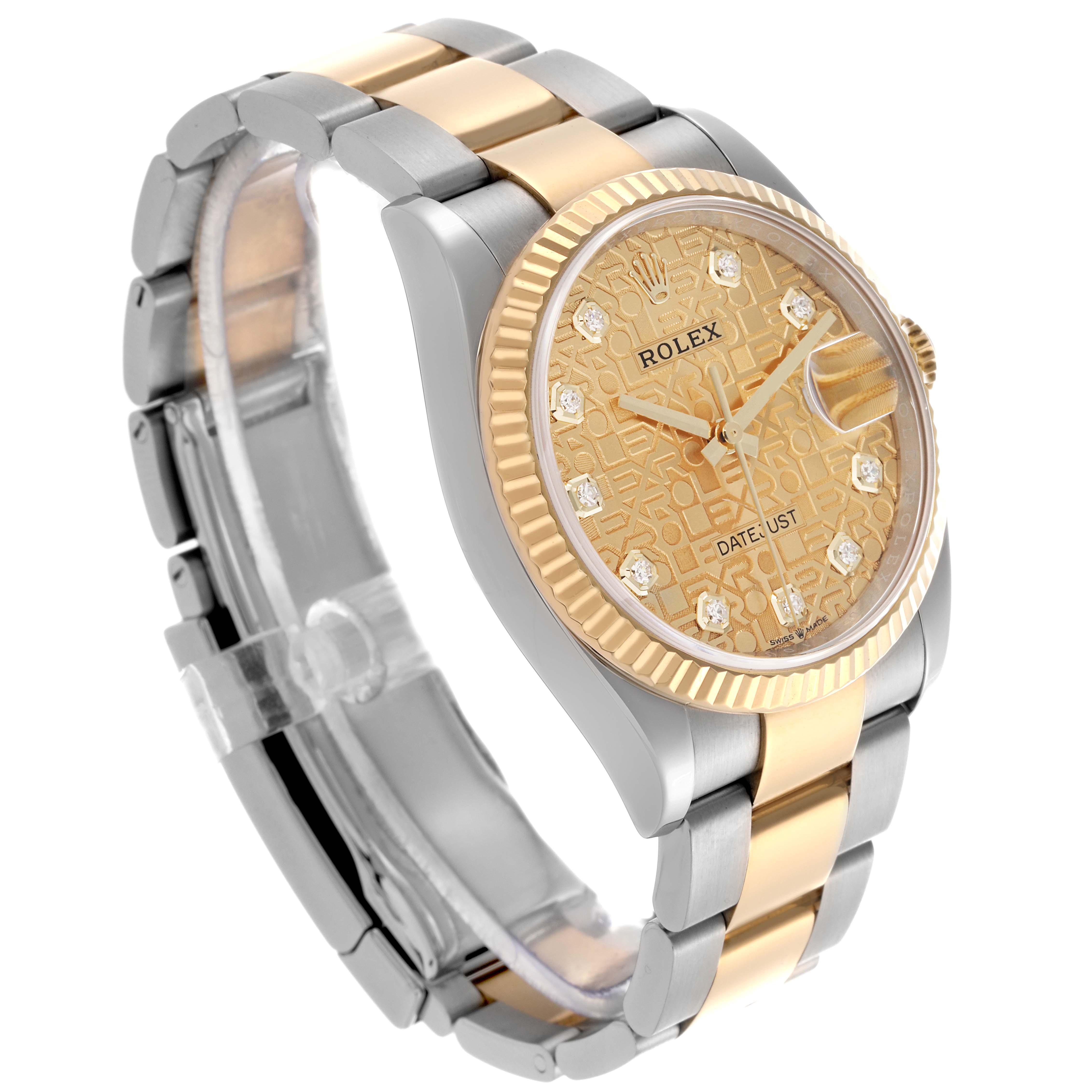 The Rolex Datejust 126233 Men's Steel and Gold (two tone) Champagne Dial 126233 Men's Steel and Gold (two tone) Champagne Dial watch is shown at a three-quarter angle, highlighting the bezel, dial, and two-tone bracelet.