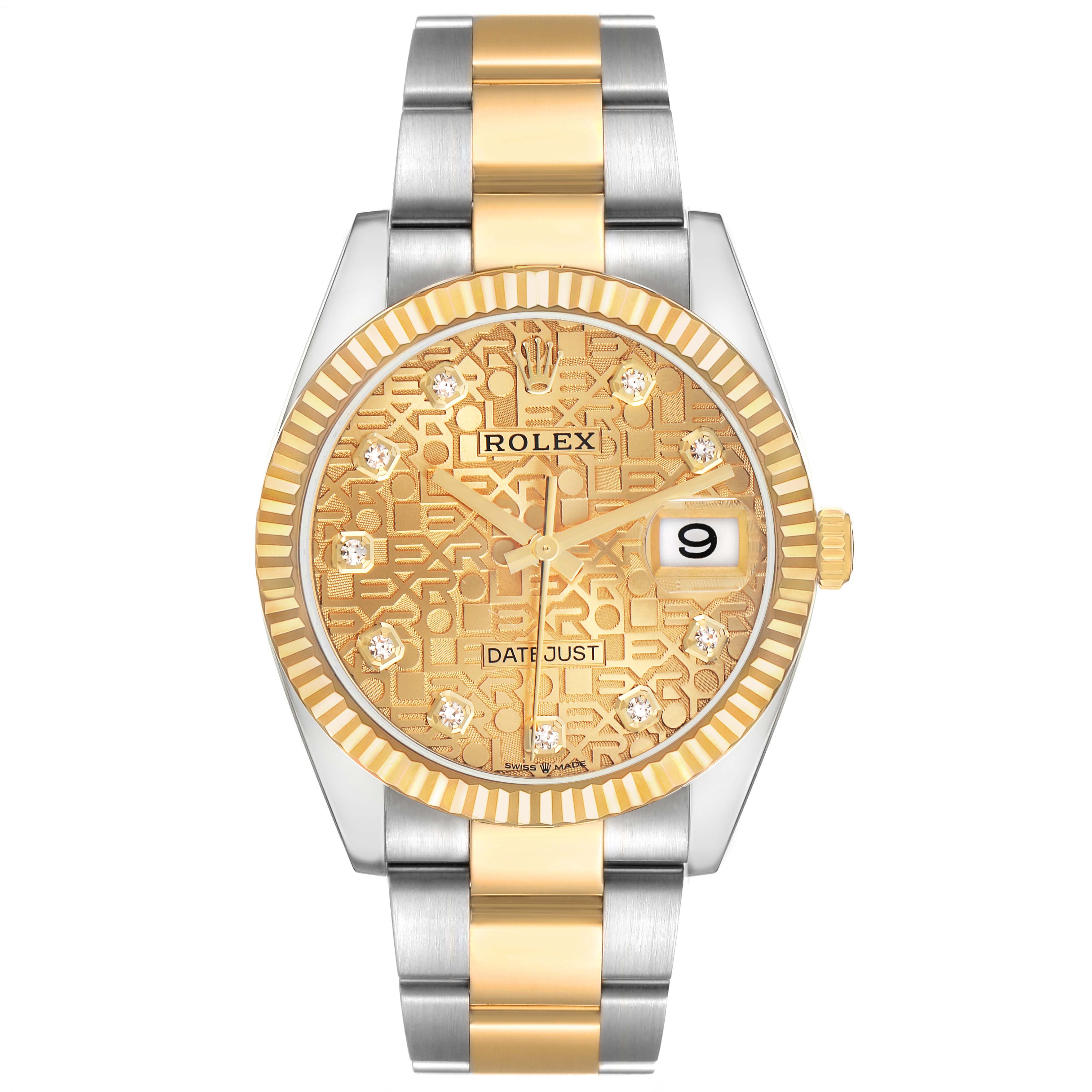 The Rolex Datejust 126233 Men's Steel and Gold (two tone) Champagne Dial 126233 Men's Steel and Gold (two tone) Champagne Dial watch is shown from a front angle, highlighting its gold and silver bracelet, gold patterned dial, and fluted bezel.