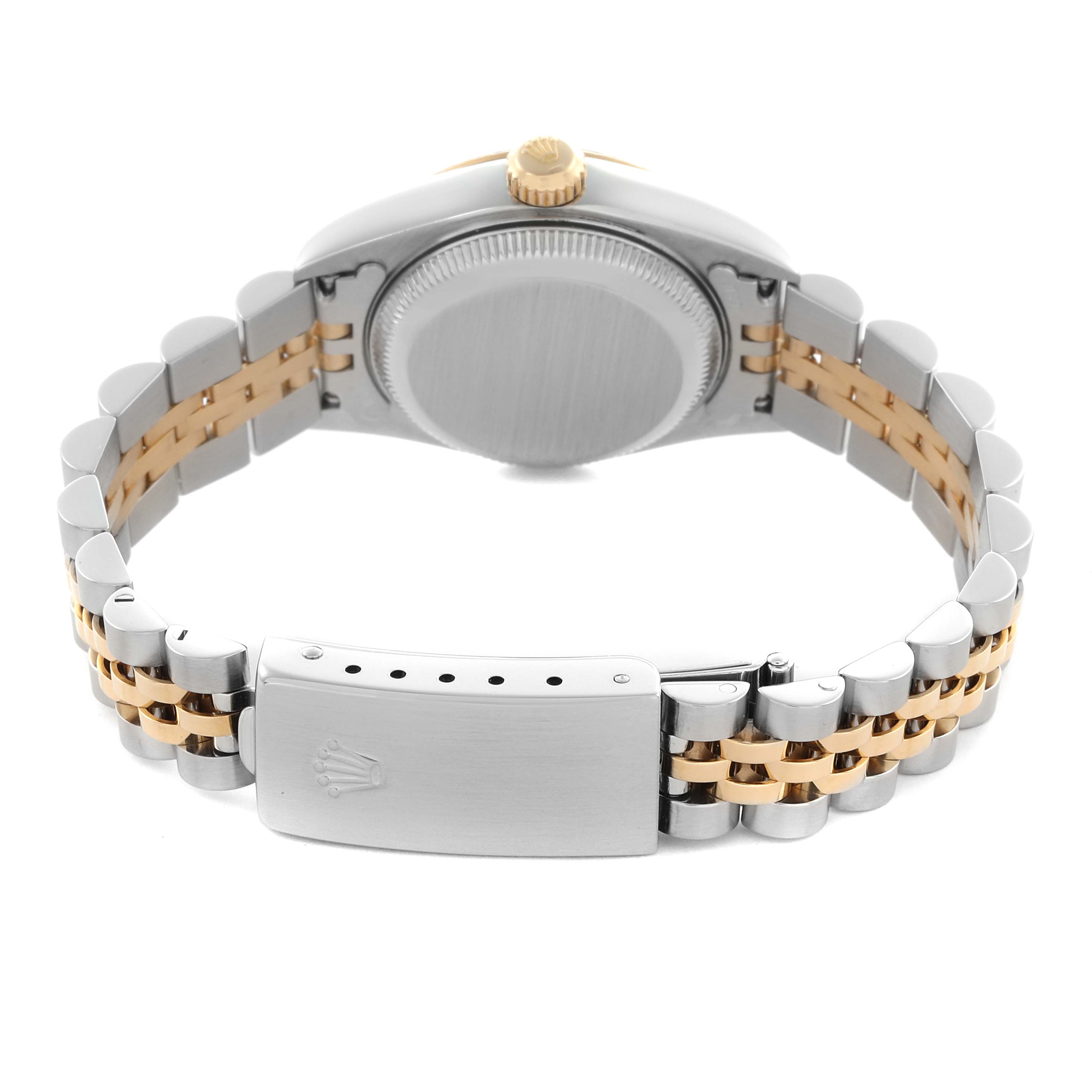 The image shows the back of a Rolex Datejust 79173 Women's Steel and Gold (two tone) Champagne Dial 79173 Women's Steel and Gold (two tone) Champagne Dial watch, highlighting the case back and two-tone Jubilee bracelet with clasp.