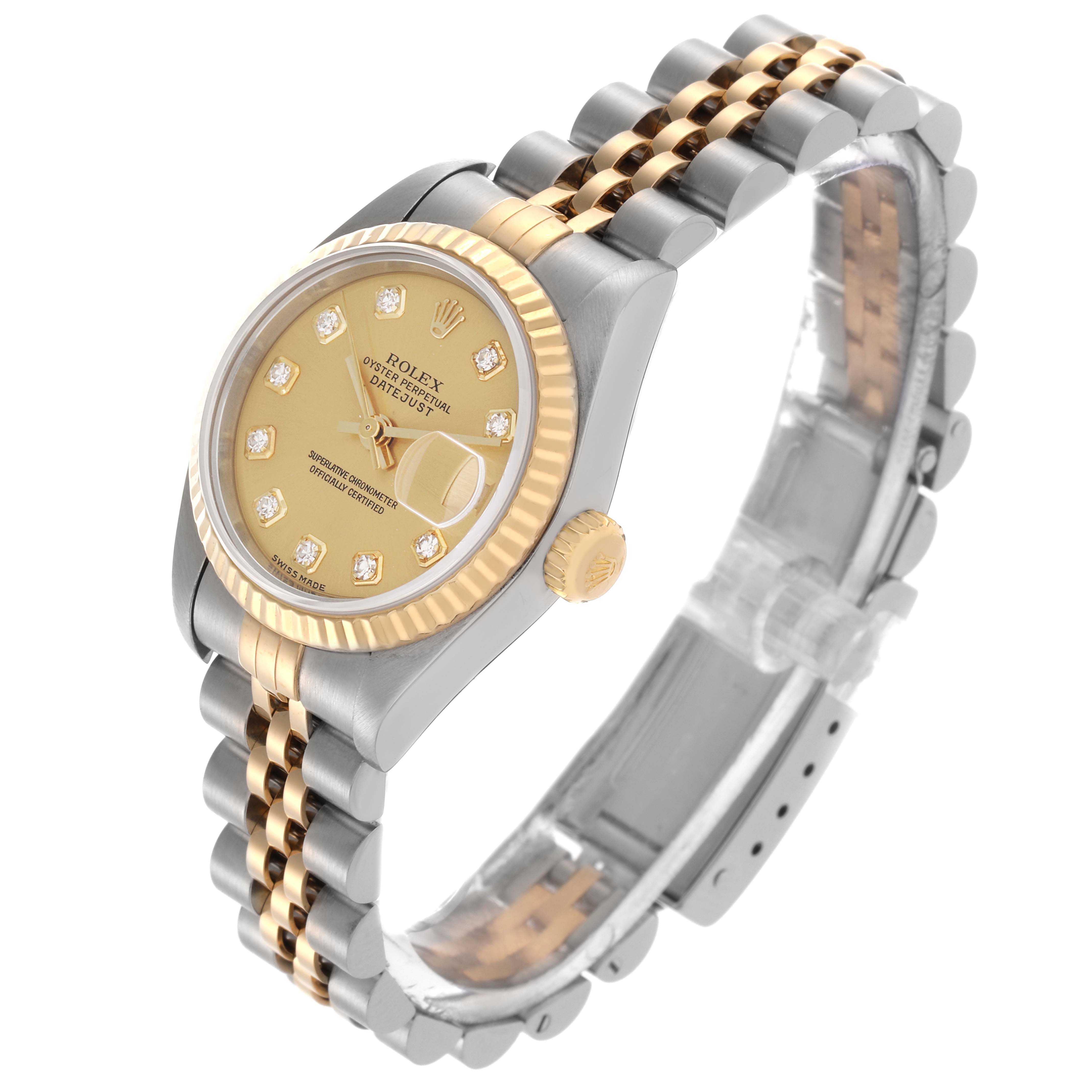 The Rolex Datejust 79173 Women's Steel and Gold (two tone) Champagne Dial 79173 Women's Steel and Gold (two tone) Champagne Dial watch is shown at an angled side view, highlighting the dial, fluted bezel, and jubilee bracelet.