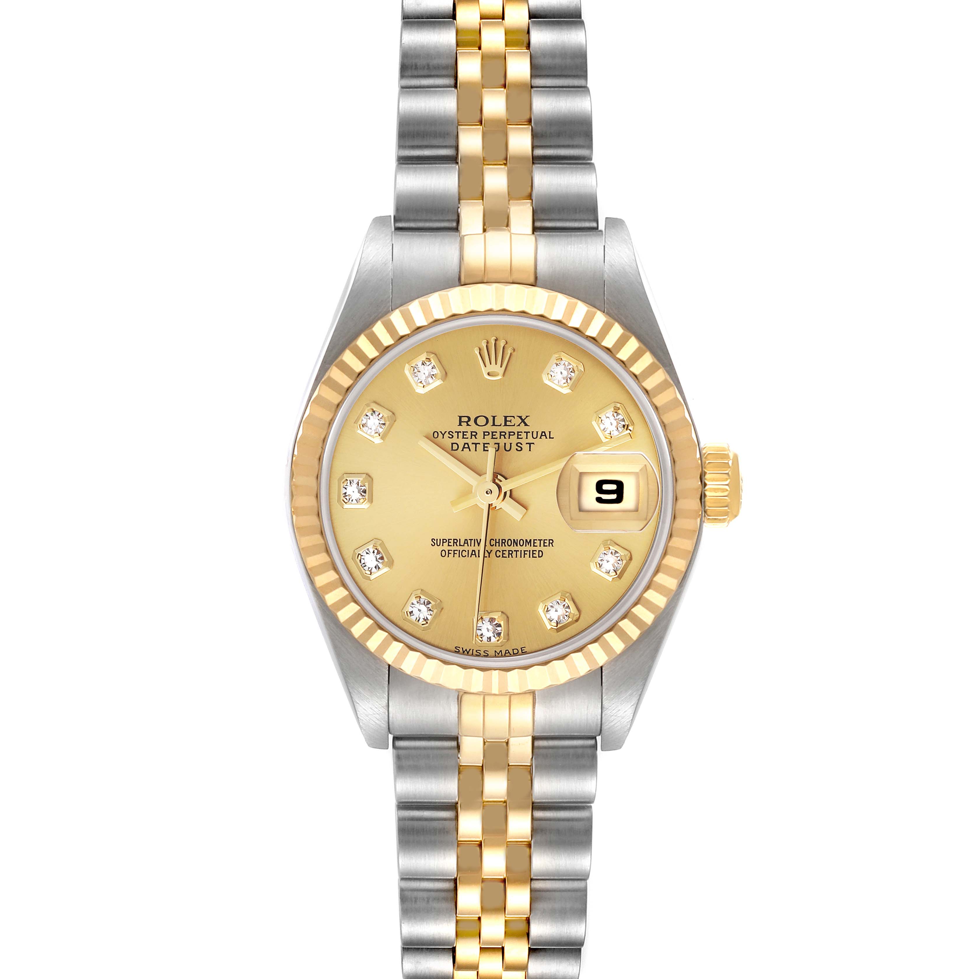 The Rolex Datejust 79173 Women's Steel and Gold (two tone) Champagne Dial 79173 Women's Steel and Gold (two tone) Champagne Dial watch is shown from a top-down angle, highlighting the gold dial, diamond markers, fluted bezel, and two-tone bracelet.